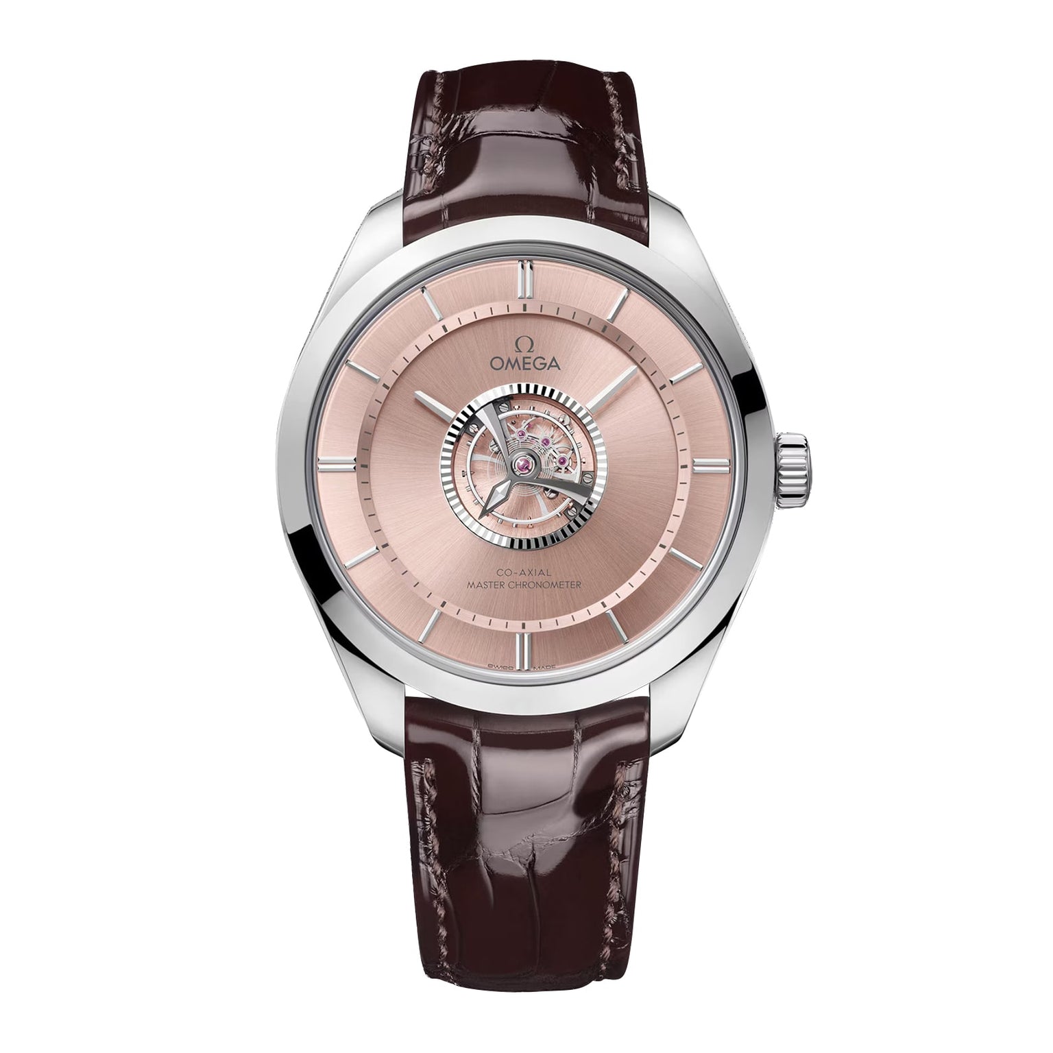 The OMEGA De Ville Tourbillon is a wristwatch with a silver case, brown leather strap, pink dial showcasing an exposed central mechanism, OMEGA branding, and silver hour markers.