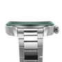 Side view of the OMEGA Seamaster Aqua Terra 150M wristwatch featuring a stainless steel case, green bezel, and metal bracelet, highlighting the crown and case details.