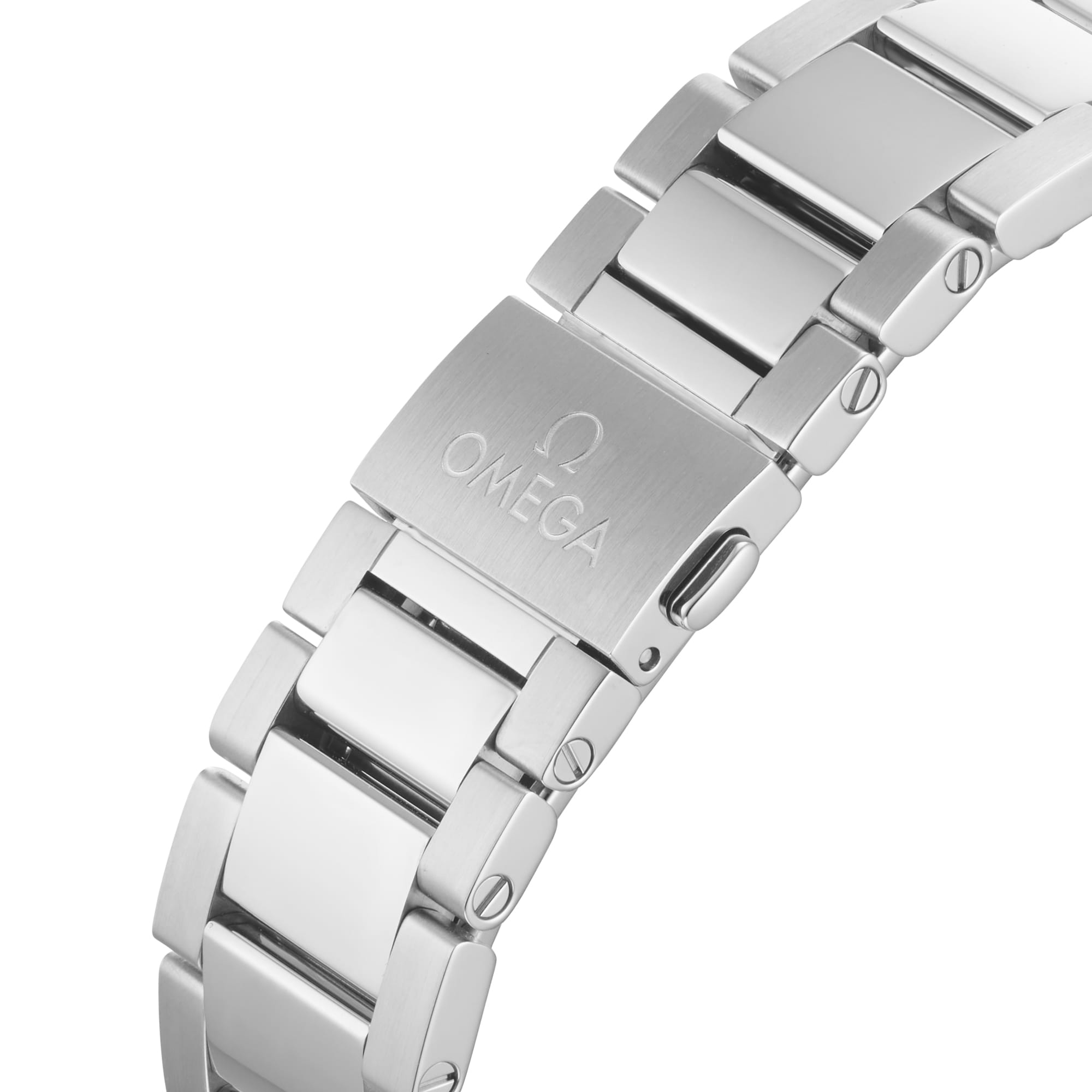 Close-up of the OMEGA Seamaster Aqua Terra 150M bracelet clasp, engraved with the OMEGA logo and brand name, displaying polished and brushed stainless steel links.