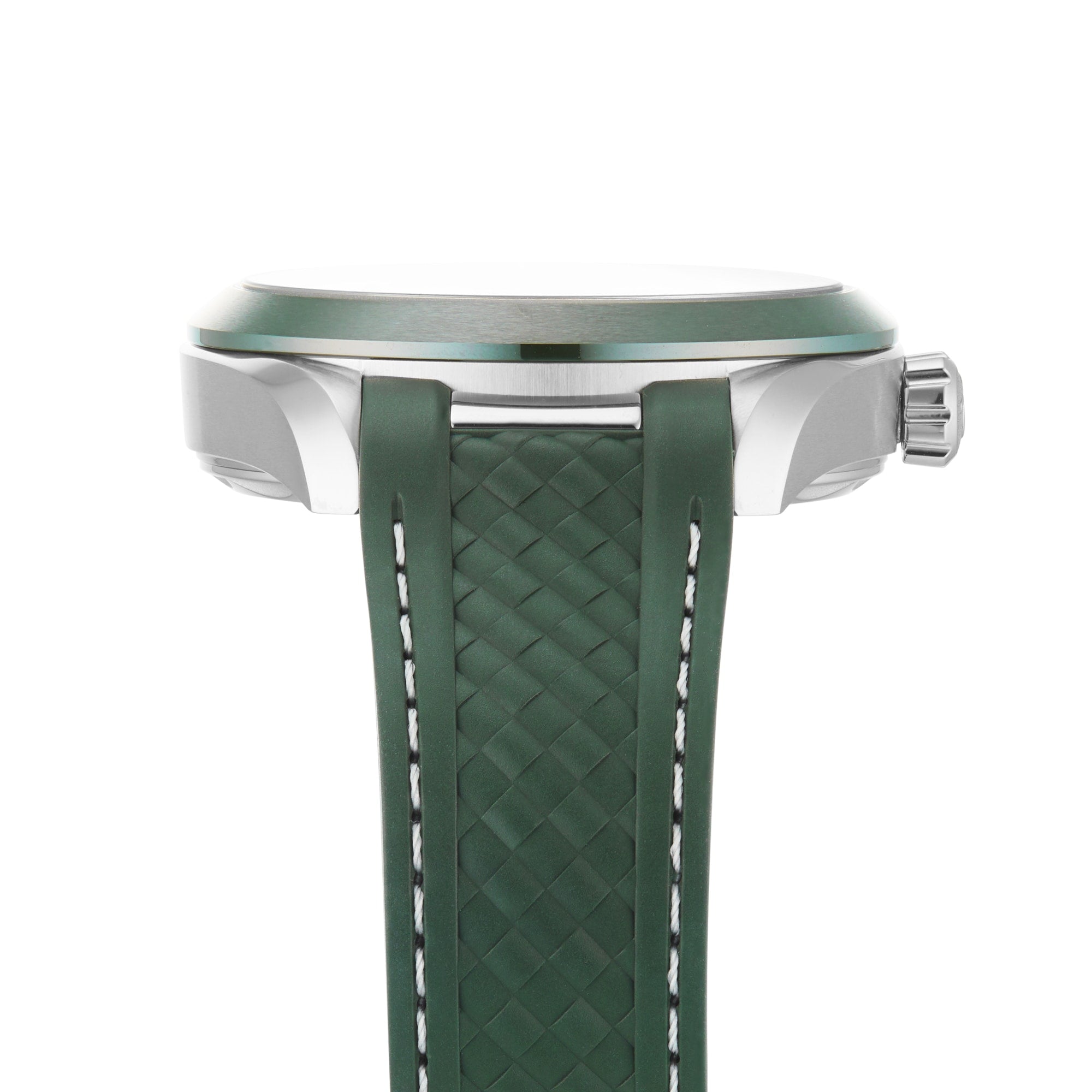 Side view of an OMEGA Seamaster Aqua Terra 150M with a silver case, green bezel, and green textured strap with white stitching from the Worldtimer collection.