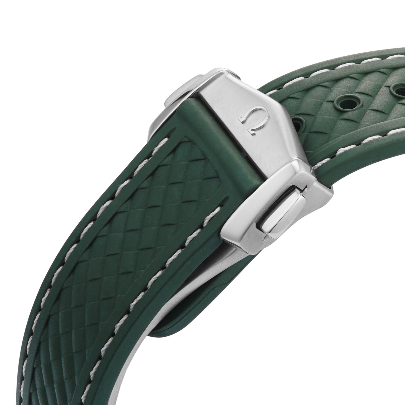 Close-up of a green textured OMEGA Seamaster Aqua Terra 150M watch strap with white stitching and a silver deployment clasp engraved with the logo, from the Worldtimer collection.