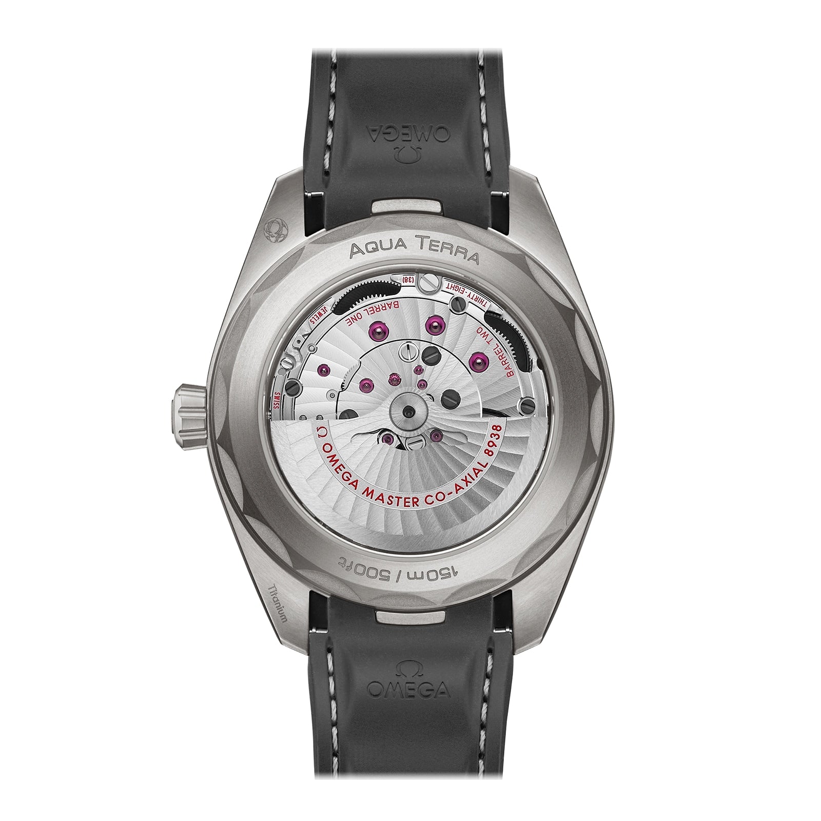 Back view of the OMEGA Seamaster Aqua Terra 150M, showcasing its exposed movement through a transparent caseback, refined engravings, black leather strap, and sturdy titanium case.