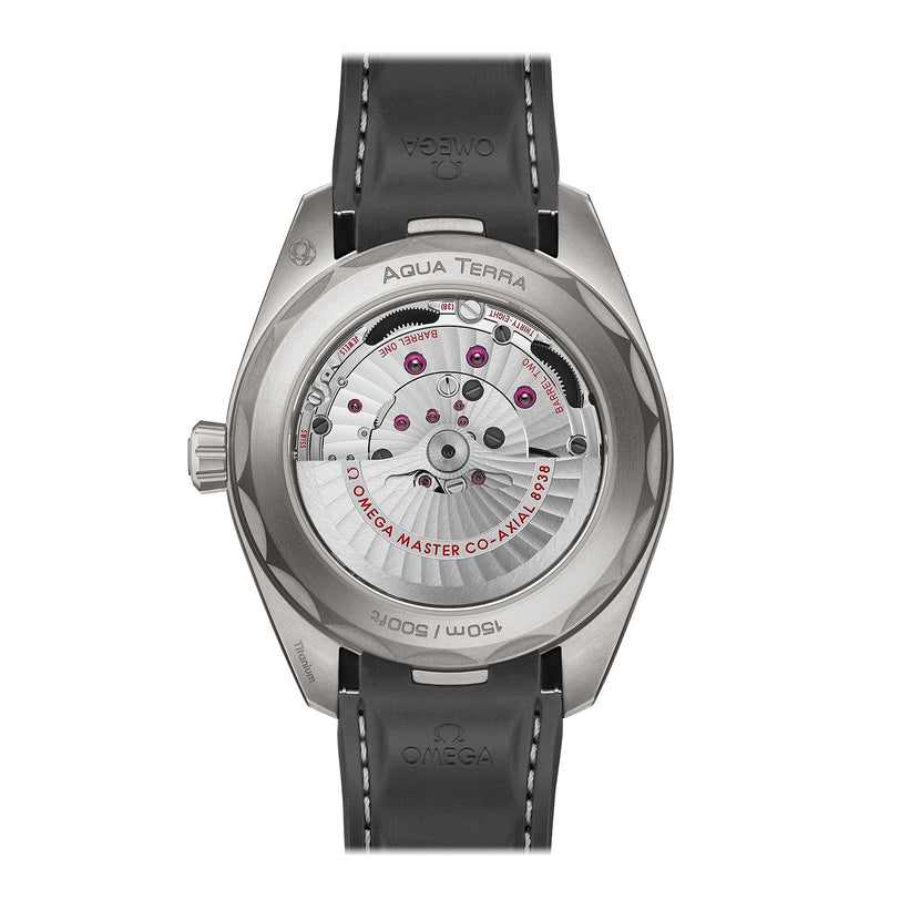 Back view of the OMEGA Seamaster Aqua Terra 150M, showcasing its exposed movement through a transparent caseback, refined engravings, black leather strap, and sturdy titanium case.