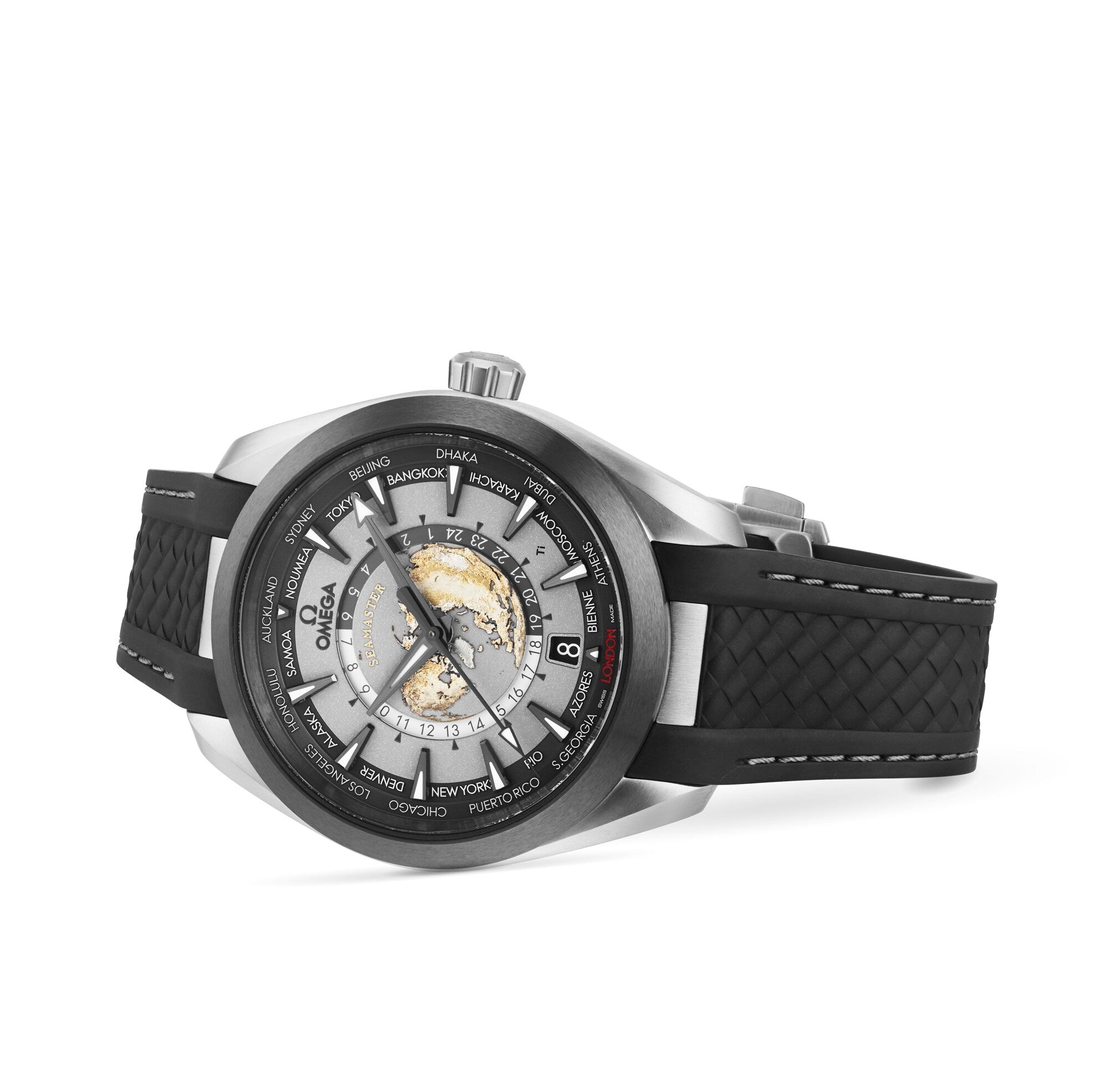 The OMEGA Seamaster Aqua Terra 150M is a silver wristwatch with a black textured strap, showcasing a world map dial and multiple city names around the edge from the Worldtimer collection.