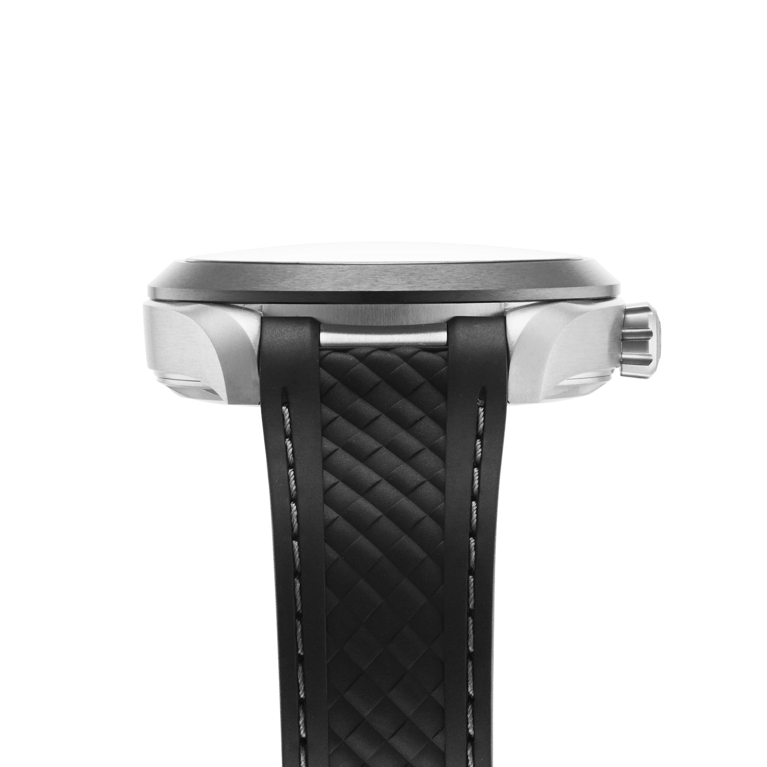 Side view of the OMEGA Seamaster Aqua Terra 150M, featuring a sleek titanium case, black textured strap, visible crown and lugs, set against a white background.