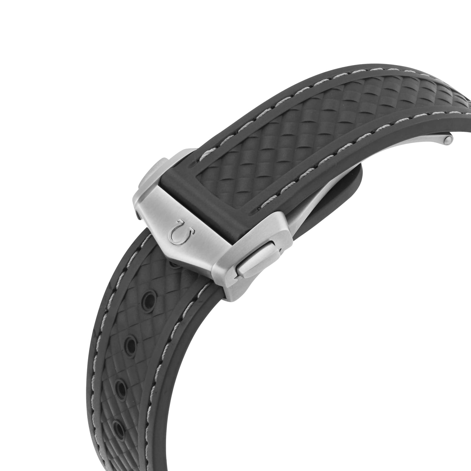 A close-up of a black textured rubber watch strap with white stitching and a silver clasp, crafted by OMEGA for the Seamaster Aqua Terra 150M, showcasing the collection’s iconic style and elegance.