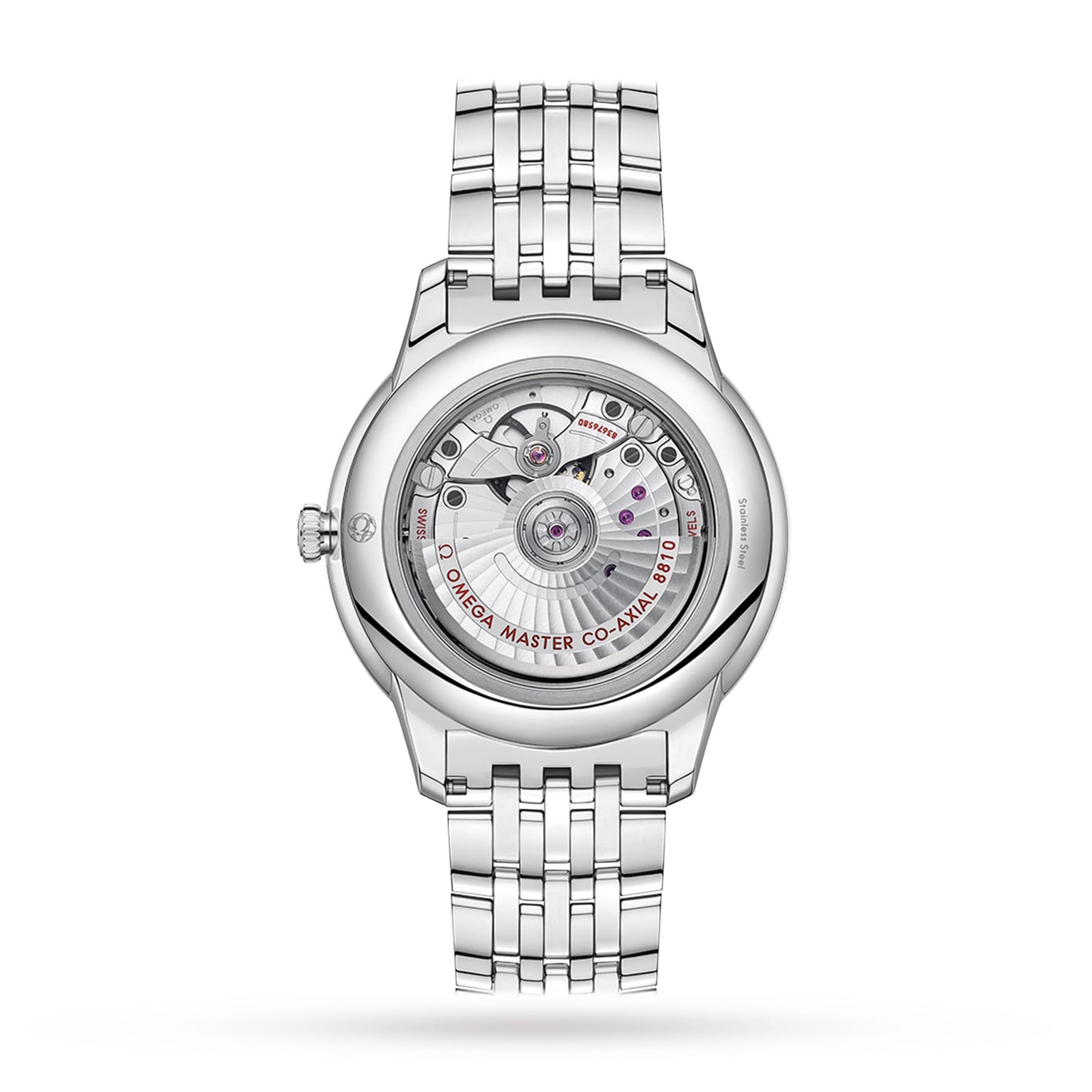 The back view of the silver OMEGA De Ville Prestige wristwatch displays its elegant design through a transparent case back, revealing intricate movement details and engraved lettering.