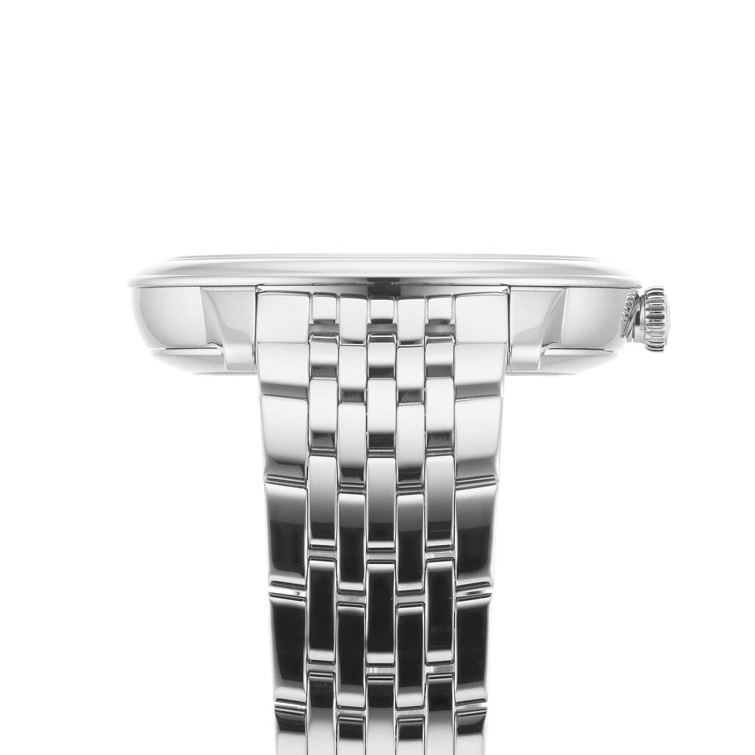 Side view of the OMEGA De Ville Prestige wristwatch in silver with a metal link bracelet, highlighting its classical design, case, crown, and band. Powered by the Master Co-Axial Calibre 8810. Set against a white background.