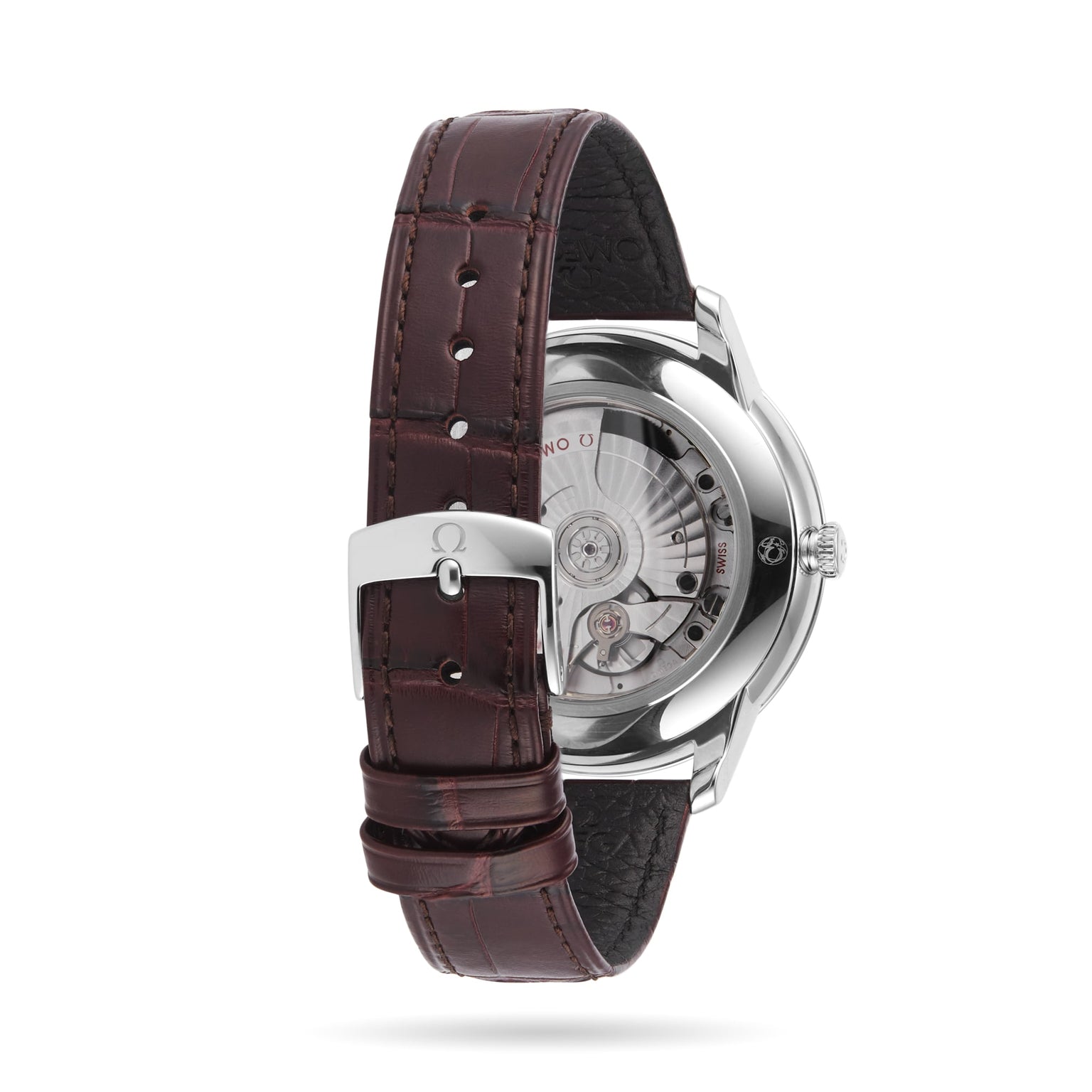 The OMEGA De Ville Prestige wristwatch features a brown leather strap, stainless steel buckle, and a transparent case back that reveals its Master Co-Axial Calibre 8802 movement, showcasing the watch’s classical design.