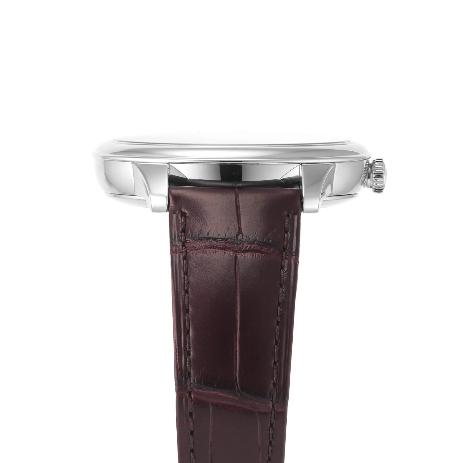 Side view of the OMEGA De Ville Prestige, featuring a classical design with a stainless steel case and brown leather strap, set against a white background. Powered by the OMEGA Master Co-Axial Calibre 8802.