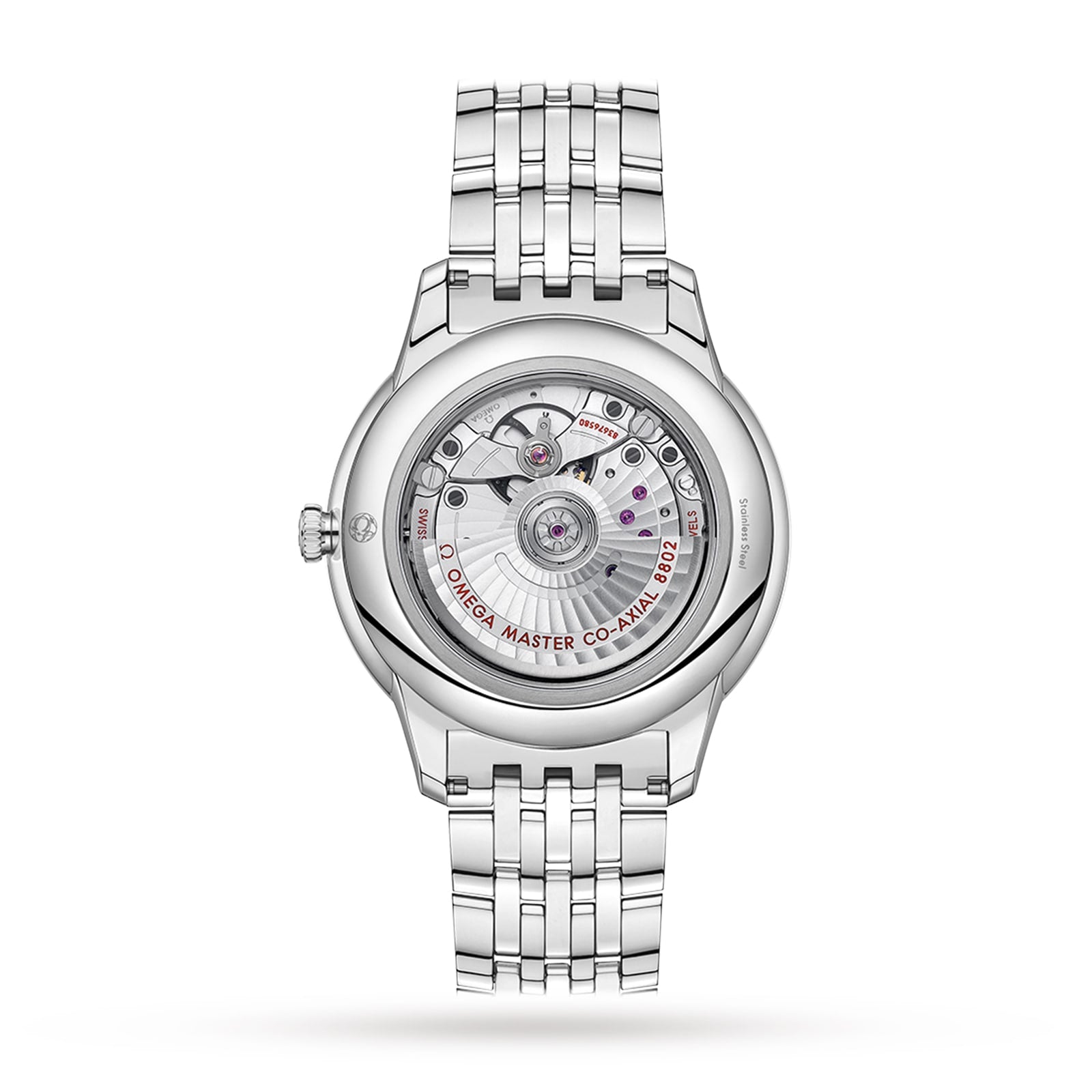 The back of the OMEGA De Ville Prestige displays its classic design, featuring the exposed Co-Axial Calibre 8802 movement with engraved details and visible gears through a transparent case back.