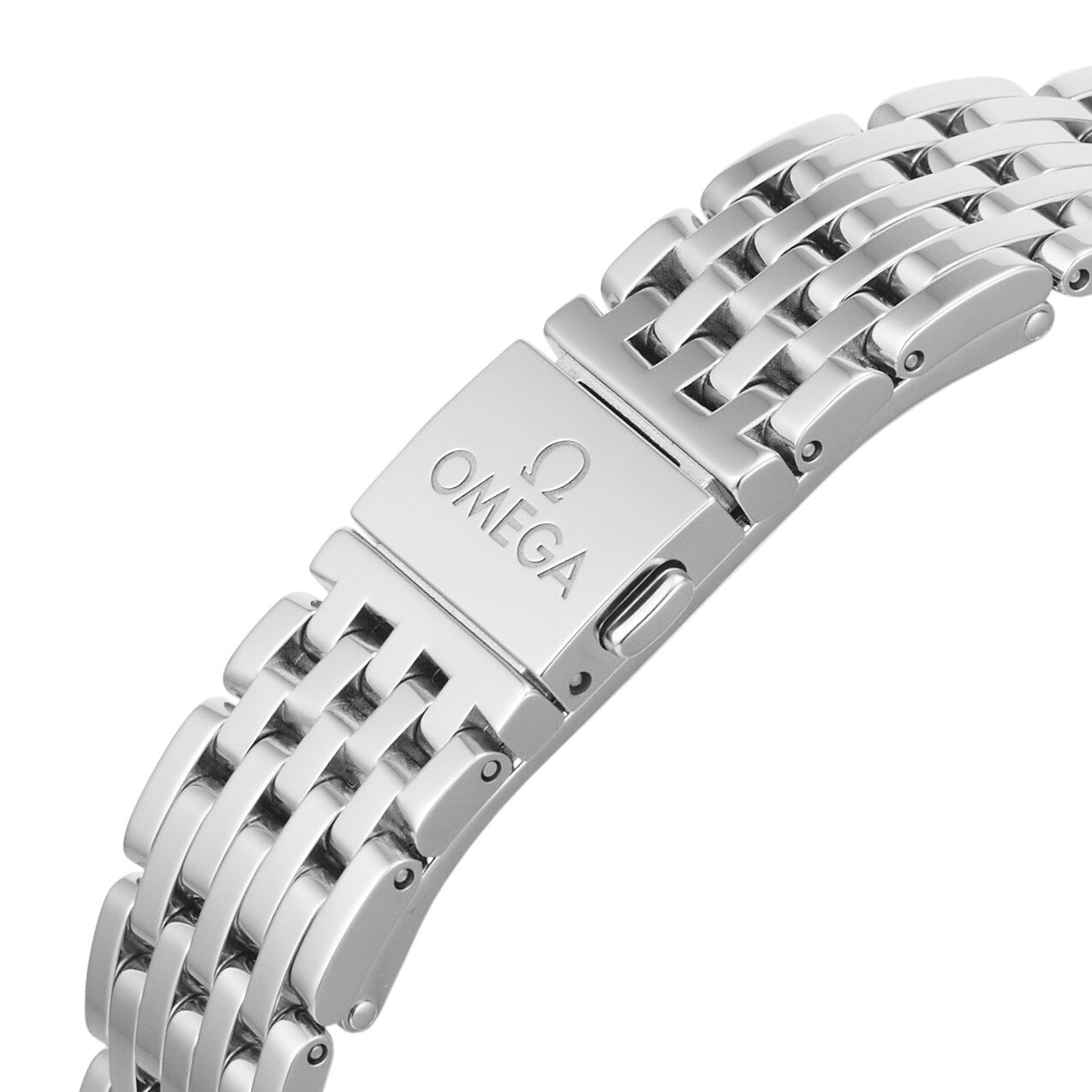 Close-up of the OMEGA De Ville Prestige stainless steel bracelet, highlighting the clasp with engraved OMEGA logo—a detail reflecting its classic design and OMEGA Master Co-Axial Calibre 8802 movement.