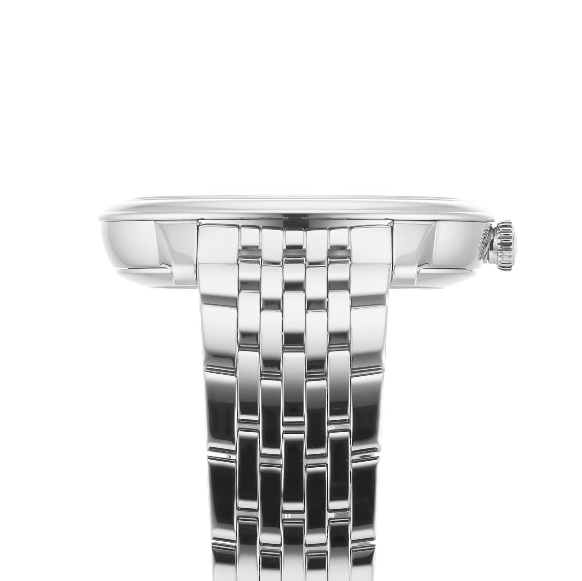 Side view of the OMEGA De Ville Prestige wristwatch, featuring a silver metal link bracelet and round case, showcasing its crown and slim profile that reflect refined elegance.