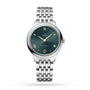 The OMEGA De Ville Prestige wristwatch features a silver case, green dial with Roman numerals and date at 6 o’clock, Master Co-Axial Calibre 8800 movement, and a silver metal link bracelet against a white background.