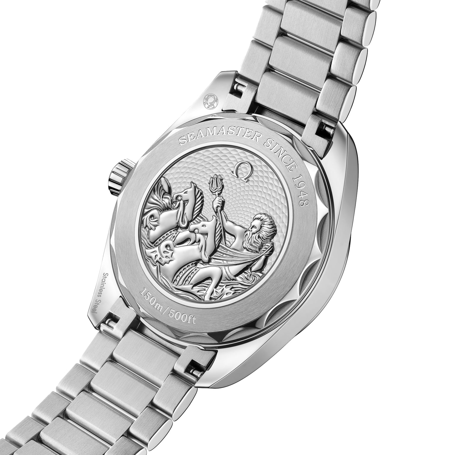 The stainless steel caseback of the OMEGA Seamaster Aqua Terra 150M features an engraved Poseidon and seahorse medallion, celebrating its maritime heritage since 1948, 150m/500ft water resistance, and Master Chronometer certification.