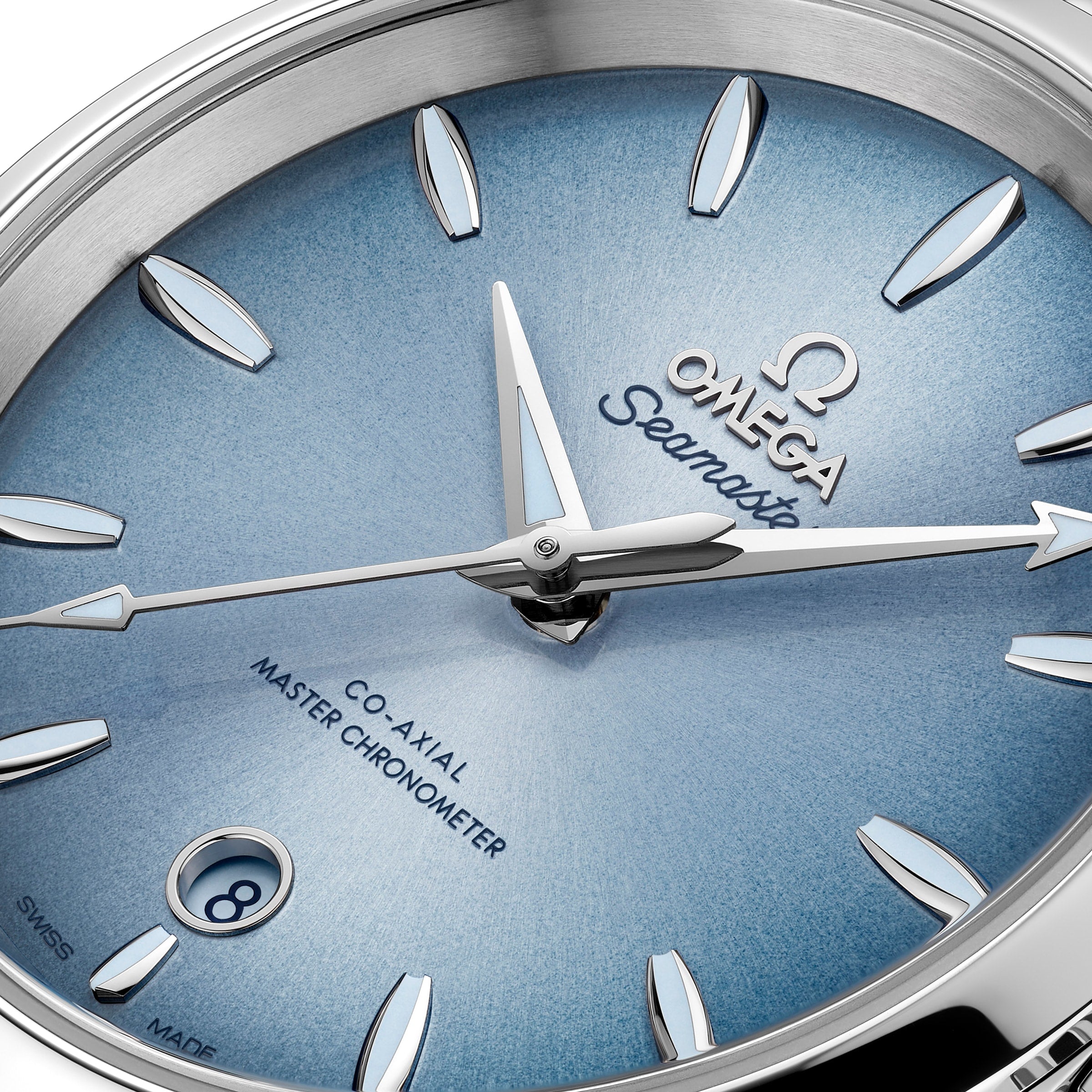 Close-up of the OMEGA Seamaster Aqua Terra 150M, featuring a light blue dial, silver hands and hour markers, date window at 6 o’clock, and reflecting OMEGA’s maritime heritage as a certified Master Chronometer.