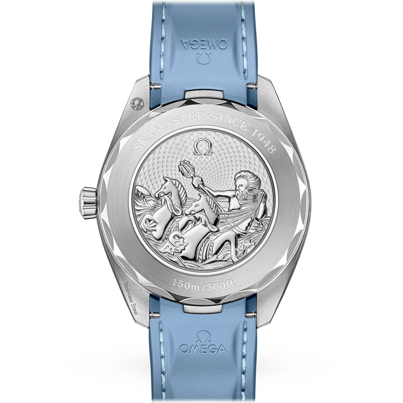 Back of an OMEGA Seamaster Aqua Terra 150M watch with blue strap, engraved with a seahorse, Poseidon holding a trident, “SEAMASTER SINCE 1948” and “150m/500ft.” Master Chronometer certified, inspired by luxury sailboats.