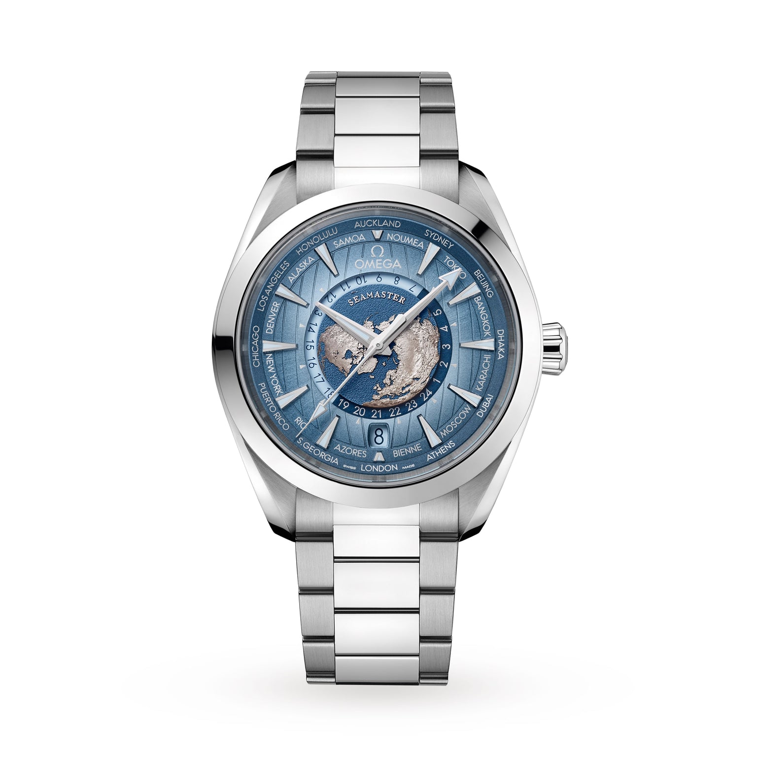 An OMEGA Seamaster Aqua Terra 150M watch in stainless steel with a blue world map dial, silver hour markers, and a metal bracelet is displayed against a white background.