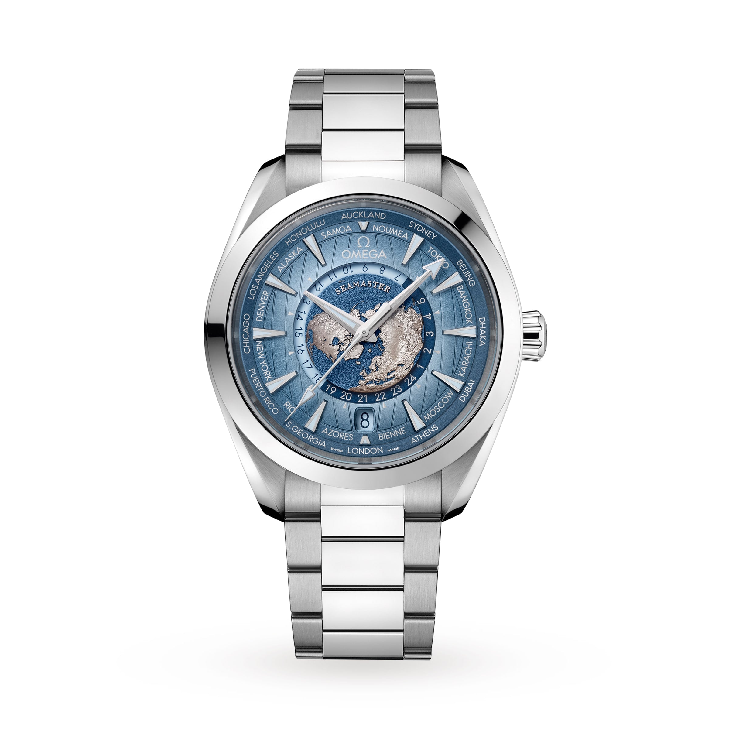 An OMEGA Seamaster Aqua Terra 150M watch in stainless steel with a blue world map dial, silver hour markers, and a metal bracelet is displayed against a white background.