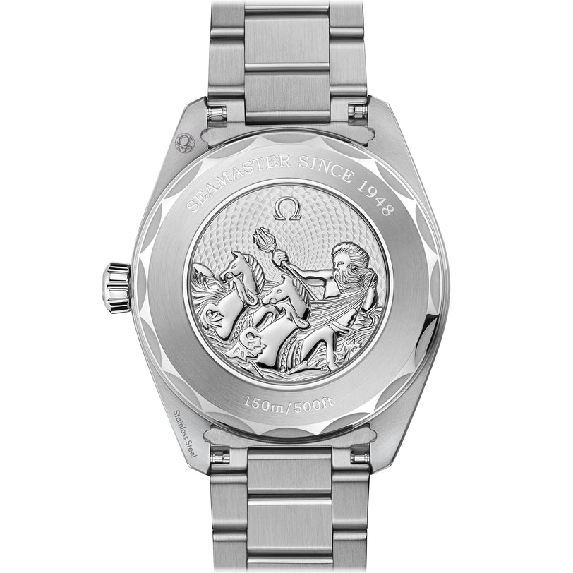 The caseback of the OMEGA Seamaster Aqua Terra 150M is engraved with “SEAMASTER SINCE 1948” and “150m/500ft,” and features an embossed Poseidon with seahorses, celebrating its enduring legacy.