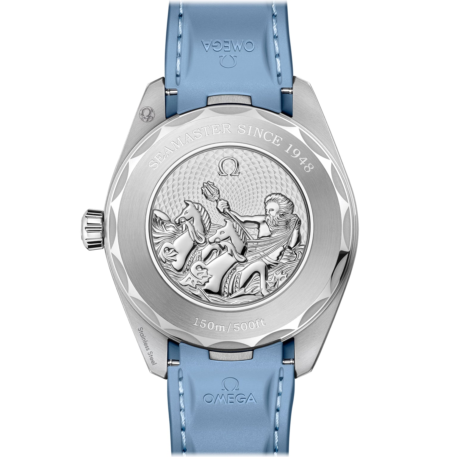 Back view of the OMEGA Seamaster Aqua Terra 150M, featuring a blue strap, stainless steel case, and an engraved Poseidon with two seahorses. Displays SEAMASTER SINCE 1948 and 150m/500ft.