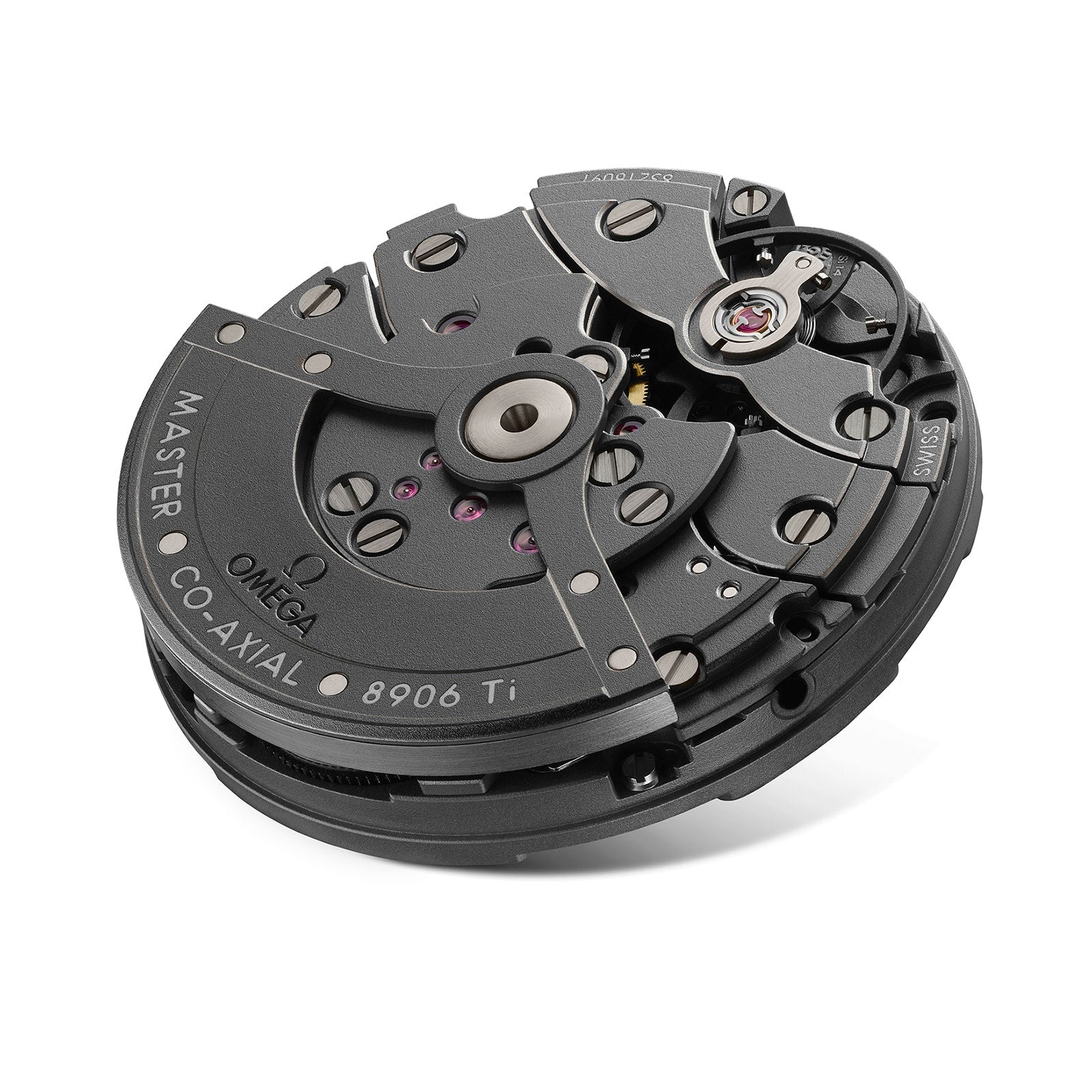 Close-up of an OMEGA Seamaster Planet Ocean 600M watch movement, highlighting the intricate gears, screws, and finely engraved markings on its components.