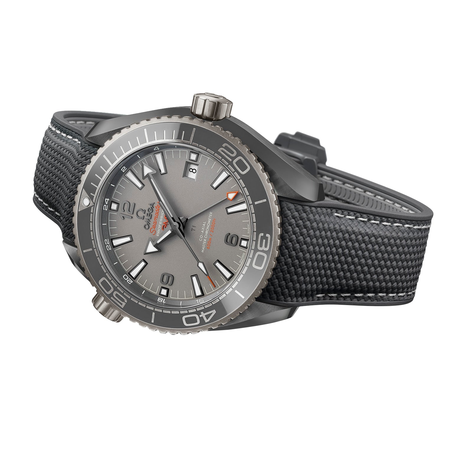An OMEGA Seamaster Planet Ocean 600M dive watch with a gray case, textured black strap, rotating bezel, and bold hour markers is displayed at an angle on a white background.