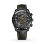 The OMEGA Speedmaster Moonwatch Apollo 8 Dark Side Of The Moon features a black chronograph with tachymeter bezel, yellow accents, and a black strap with yellow stitching and perforations, inspired by lunar exploration.