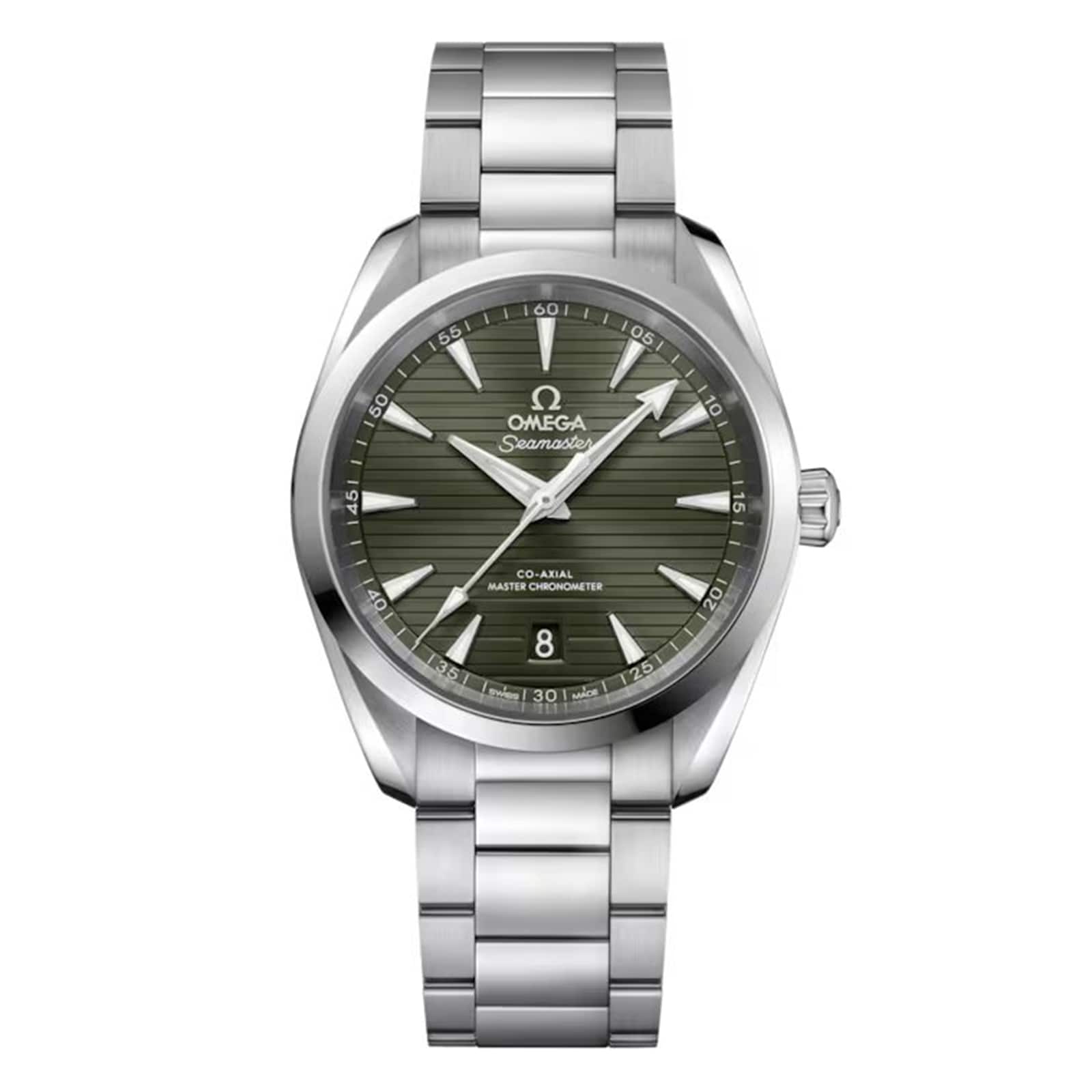 The OMEGA Seamaster Aqua Terra 150M features a stainless steel case, green textured dial, silver markers and hands, date at 6 o’clock, and metal link bracelet—celebrating the brand’s maritime heritage.