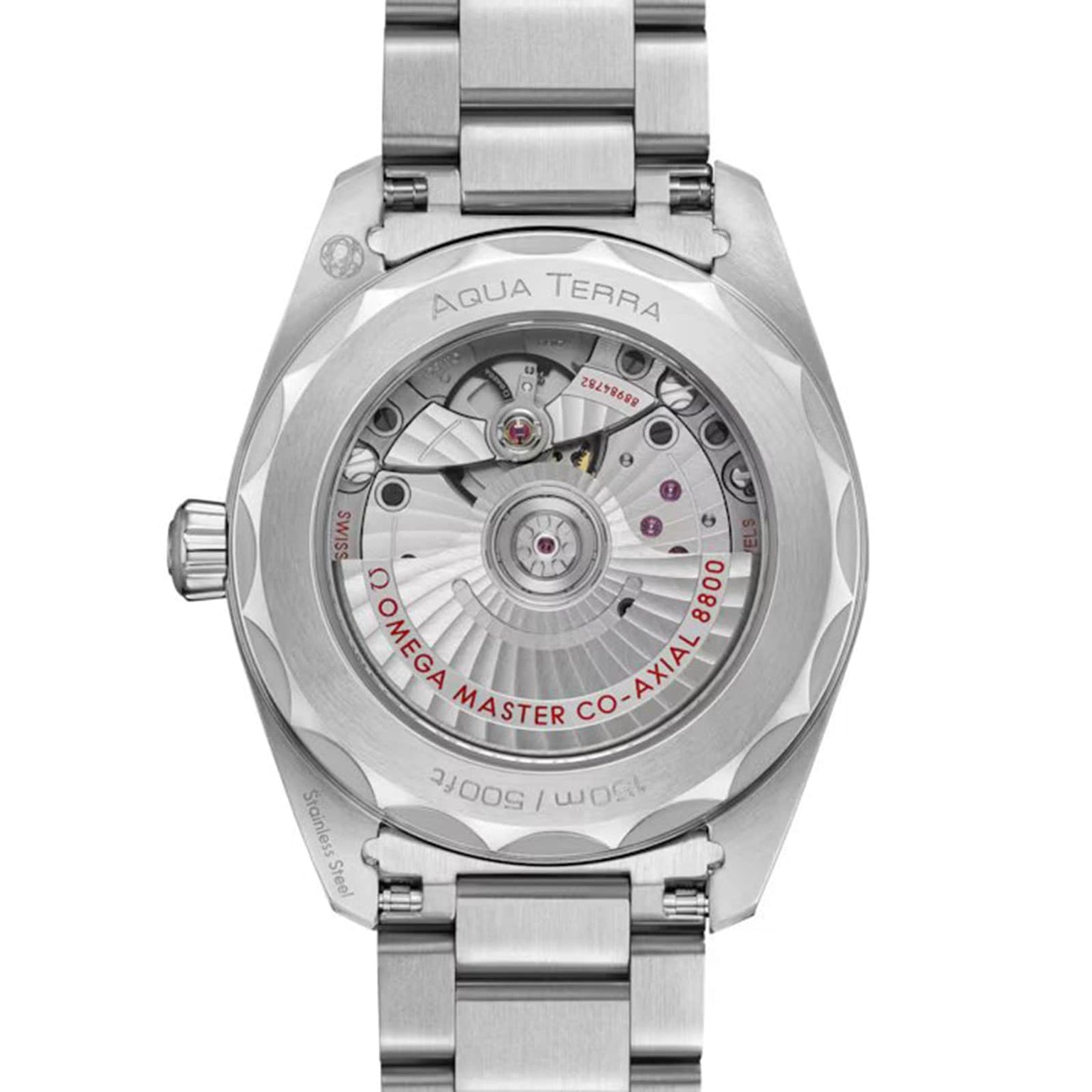 The OMEGA Seamaster Aqua Terra 150M highlights its maritime legacy with a transparent case back that reveals the Co-Axial 8800 Master Chronometer movement.