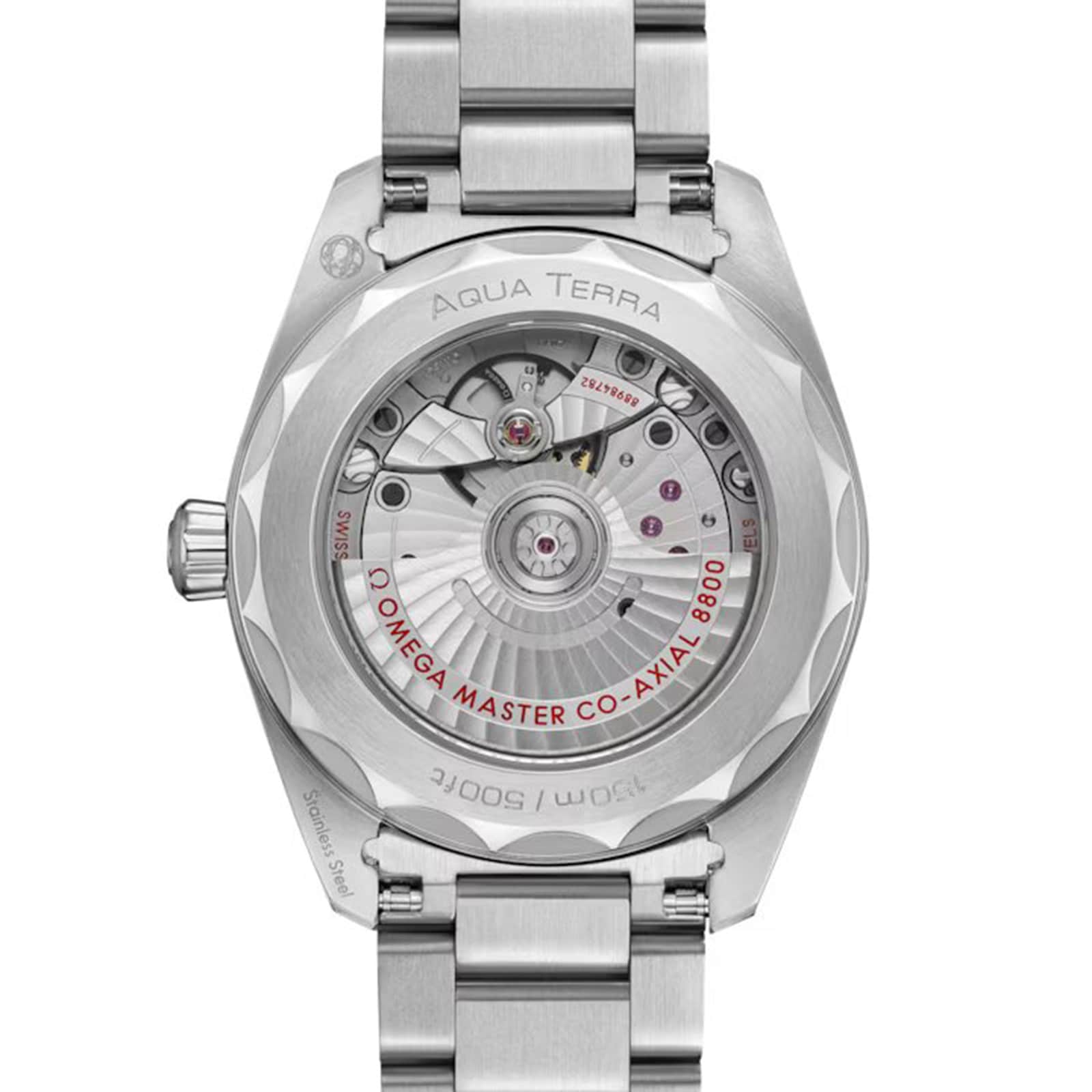 The OMEGA Seamaster Aqua Terra 150M highlights its maritime legacy with a transparent case back that reveals the Co-Axial 8800 Master Chronometer movement.