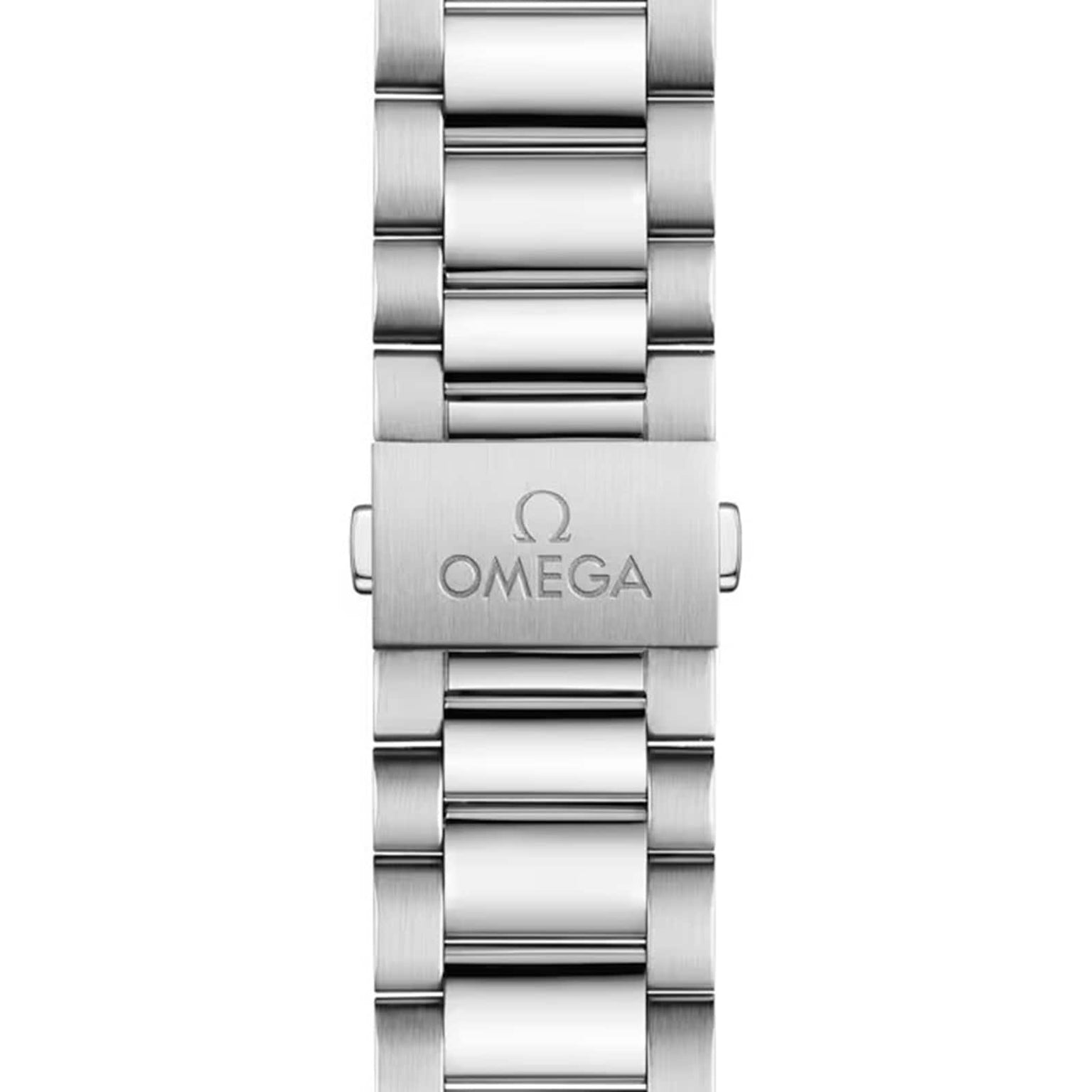 Close-up of the stainless steel OMEGA Seamaster Aqua Terra 150M bracelet, with the OMEGA logo and branding engraved on the clasp—highlighting the brand’s maritime legacy.