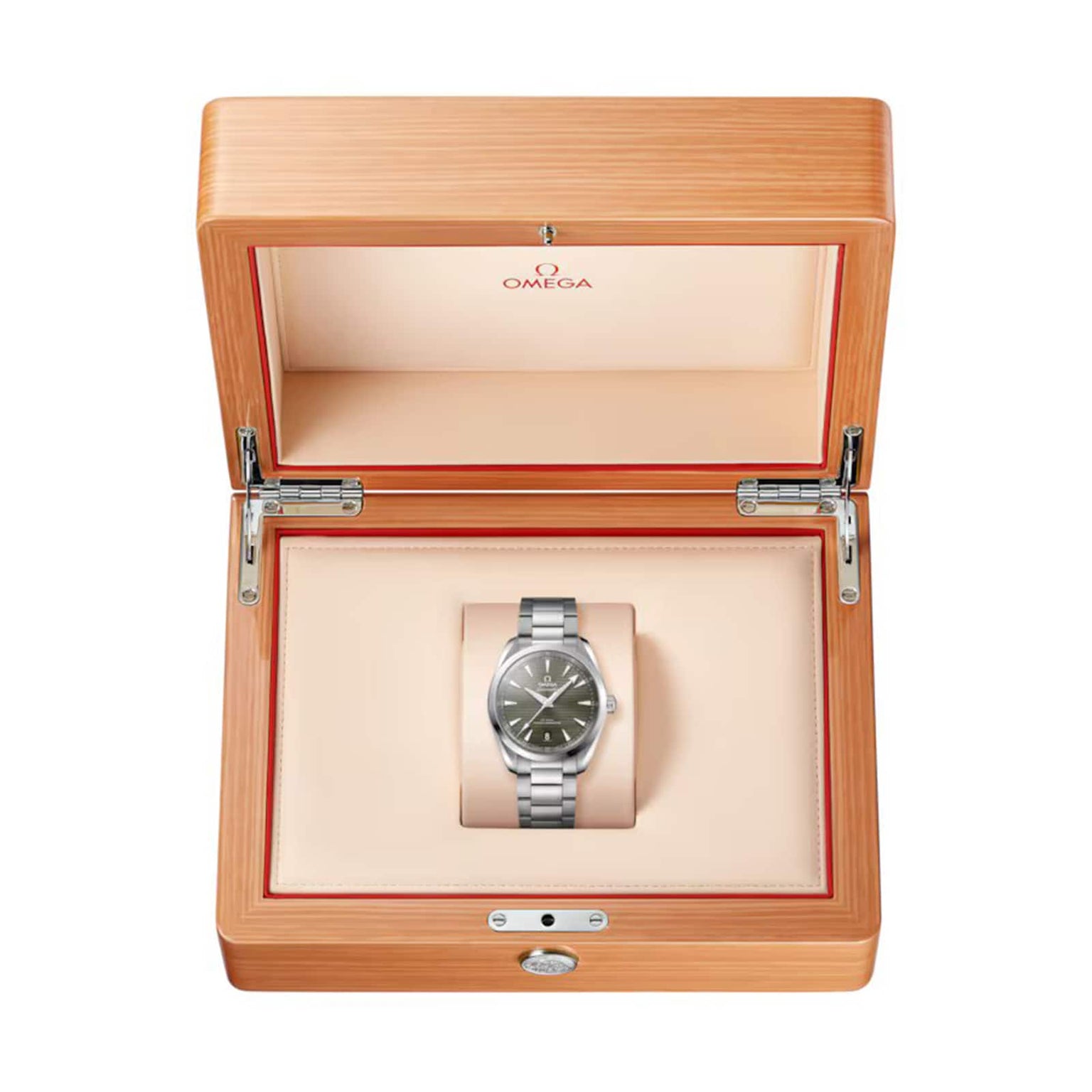An OMEGA Seamaster Aqua Terra 150M stainless steel wristwatch with a dark dial, certified as a Master Chronometer, displayed in an open light wood Omega presentation box.