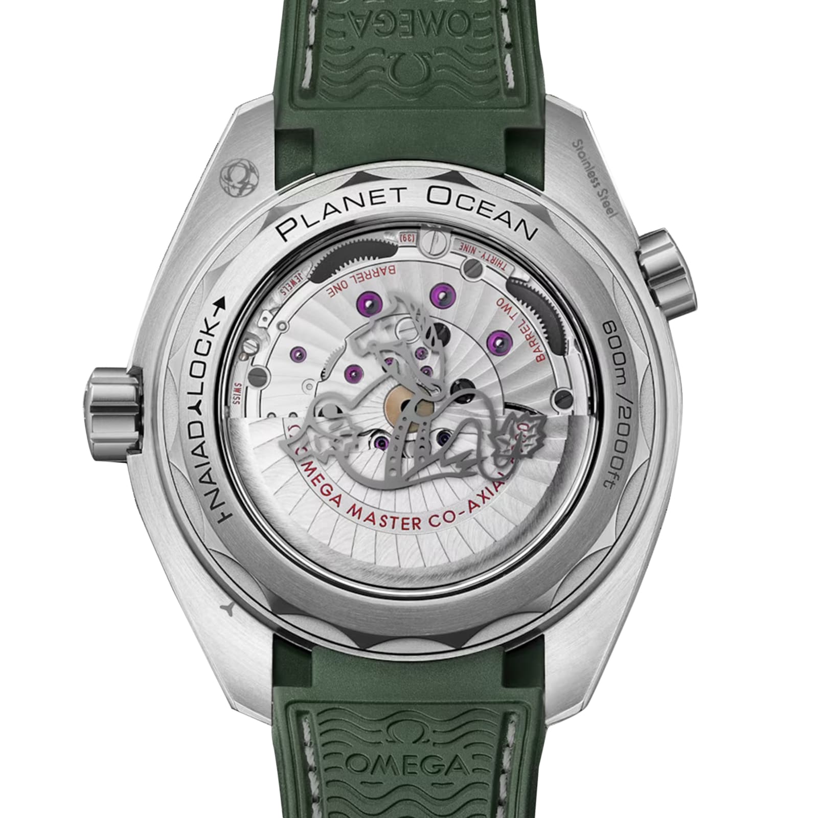 Close-up of the OMEGA Seamaster Planet Ocean 600M dive watch with transparent caseback, showcasing its Co-Axial Master Chronometer movement and green rubber strap.