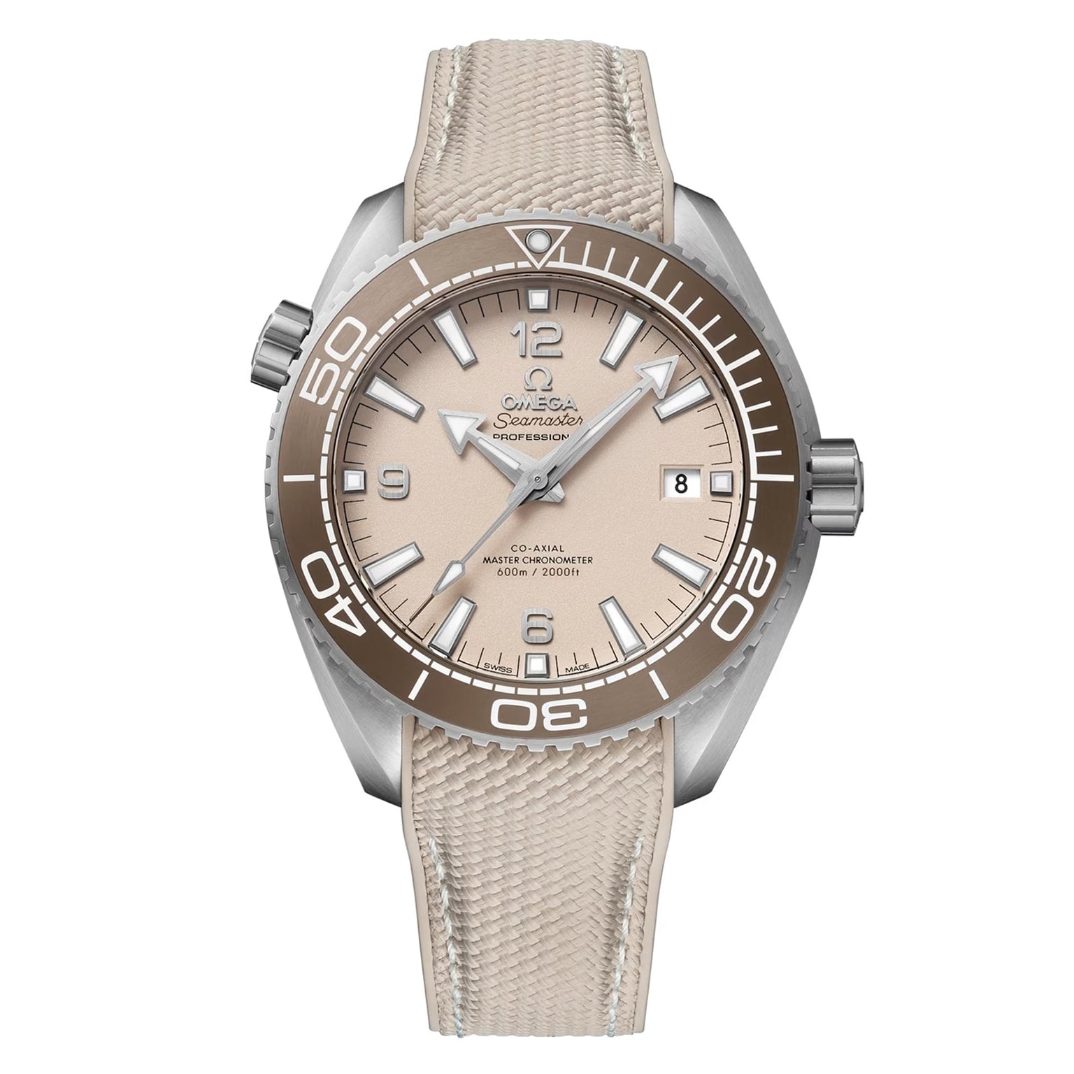 An OMEGA Seamaster Planet Ocean 600M dive watch with a beige textured strap, rotating bezel, date window at 3 o’clock, and luminous hands and markers is displayed on a white background.