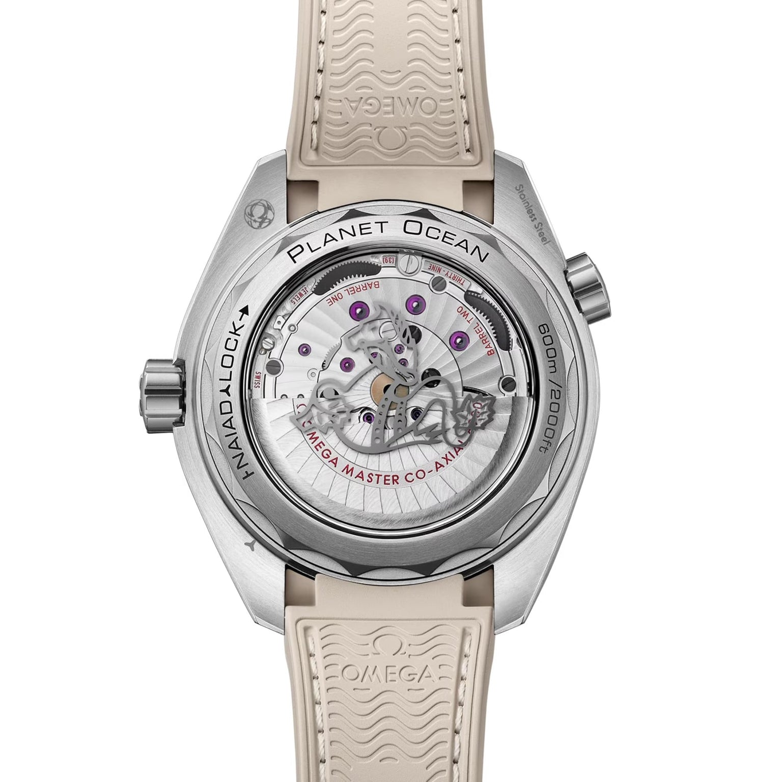 Back view of the OMEGA Seamaster Planet Ocean 600M dive watch with a transparent case back, visible mechanical movement, and beige rubber strap, exemplifying master chronometer precision and bold style.