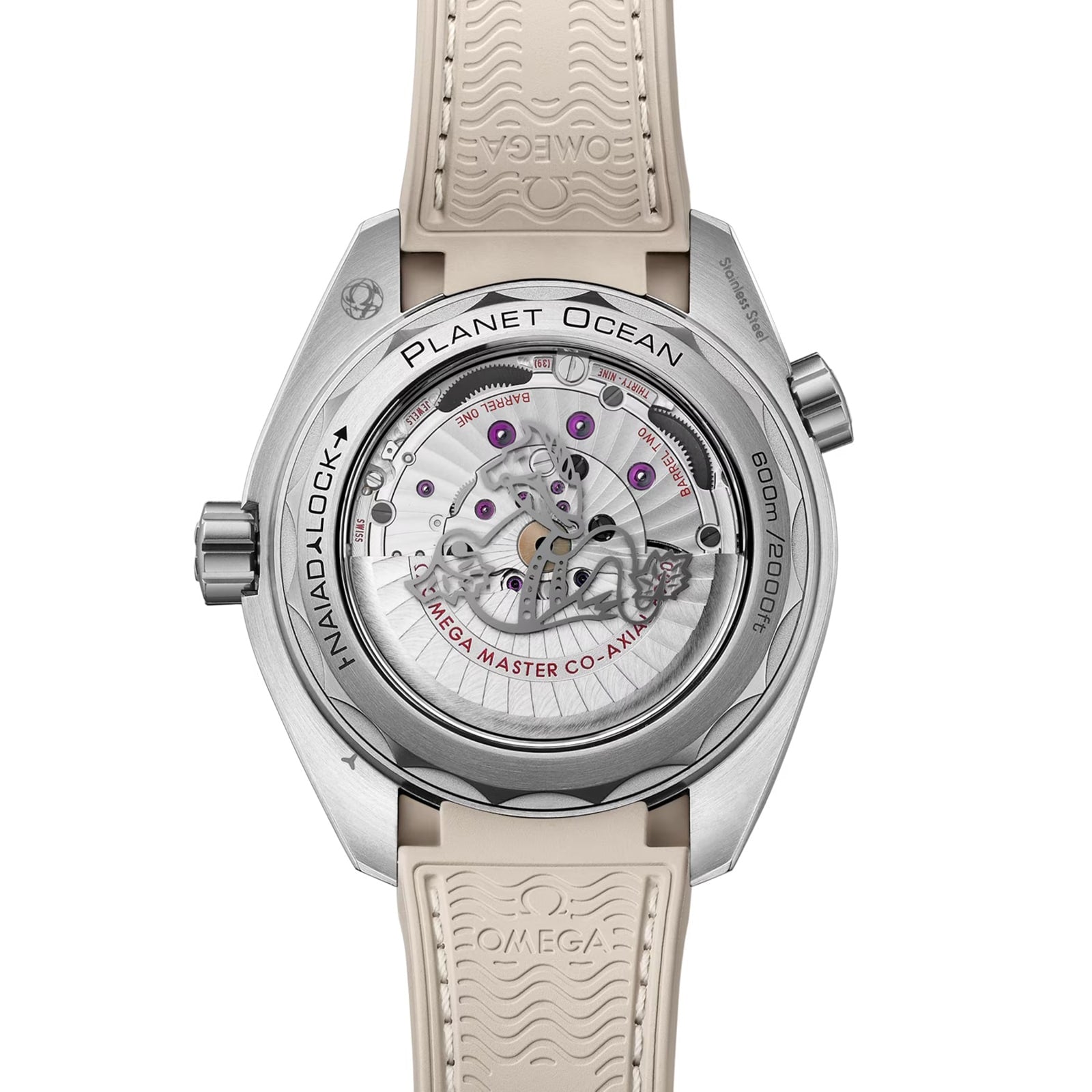 Back view of the OMEGA Seamaster Planet Ocean 600M dive watch with a transparent case back, visible mechanical movement, and beige rubber strap, exemplifying master chronometer precision and bold style.