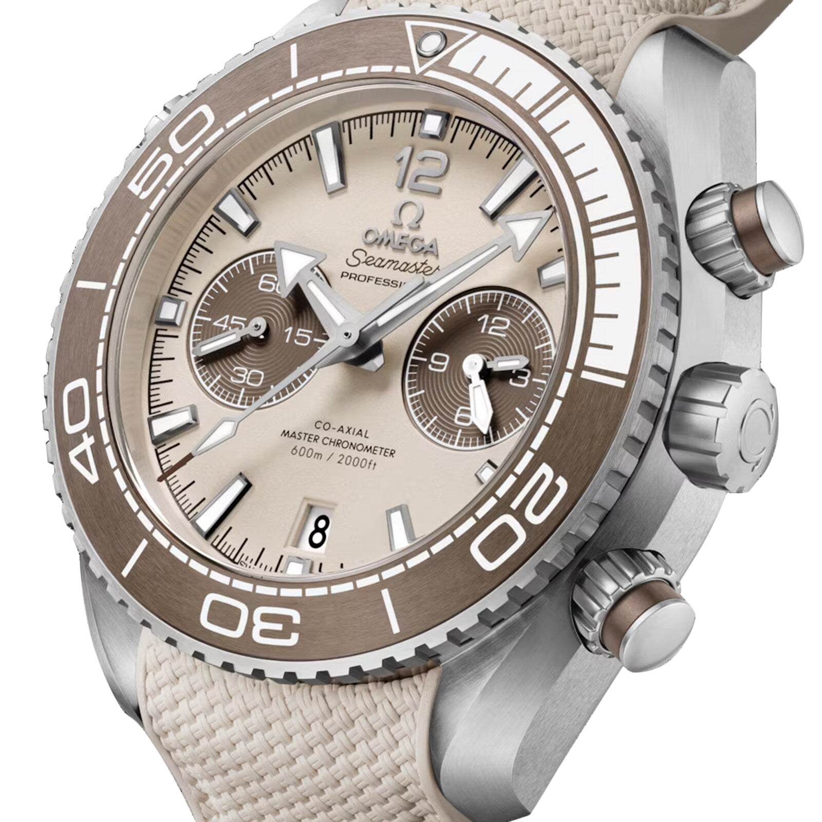 Close-up of an OMEGA Seamaster Planet Ocean 600M watch with a beige dial, white hour markers, two subdials, date display at 6 oclock, and a beige textured strap.