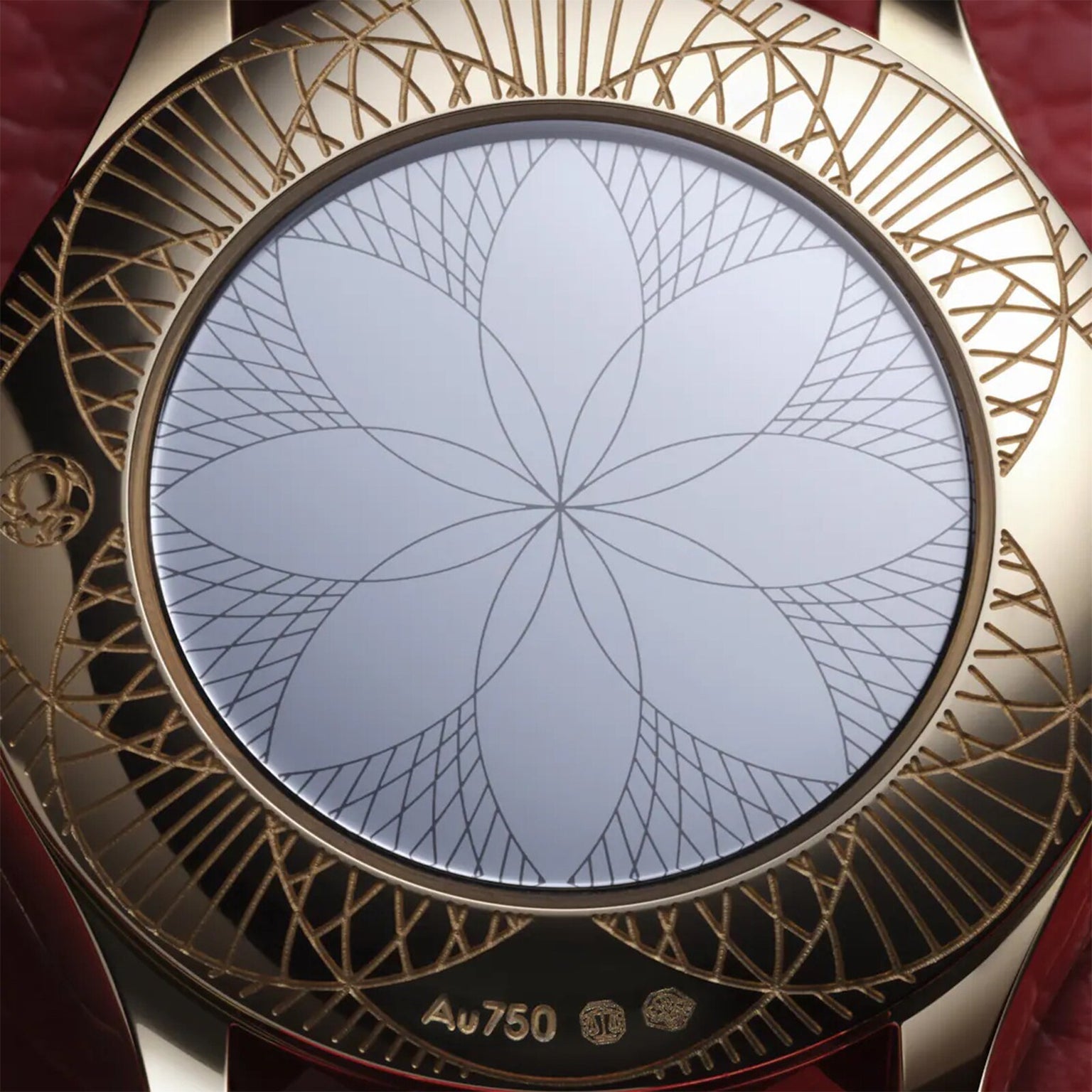 The OMEGA De Ville Mini Trésor features an 18K Moonshine™ Gold watch face with a geometric floral dial on a textured red background, displaying Au750 and calibre 4061 at the bottom.