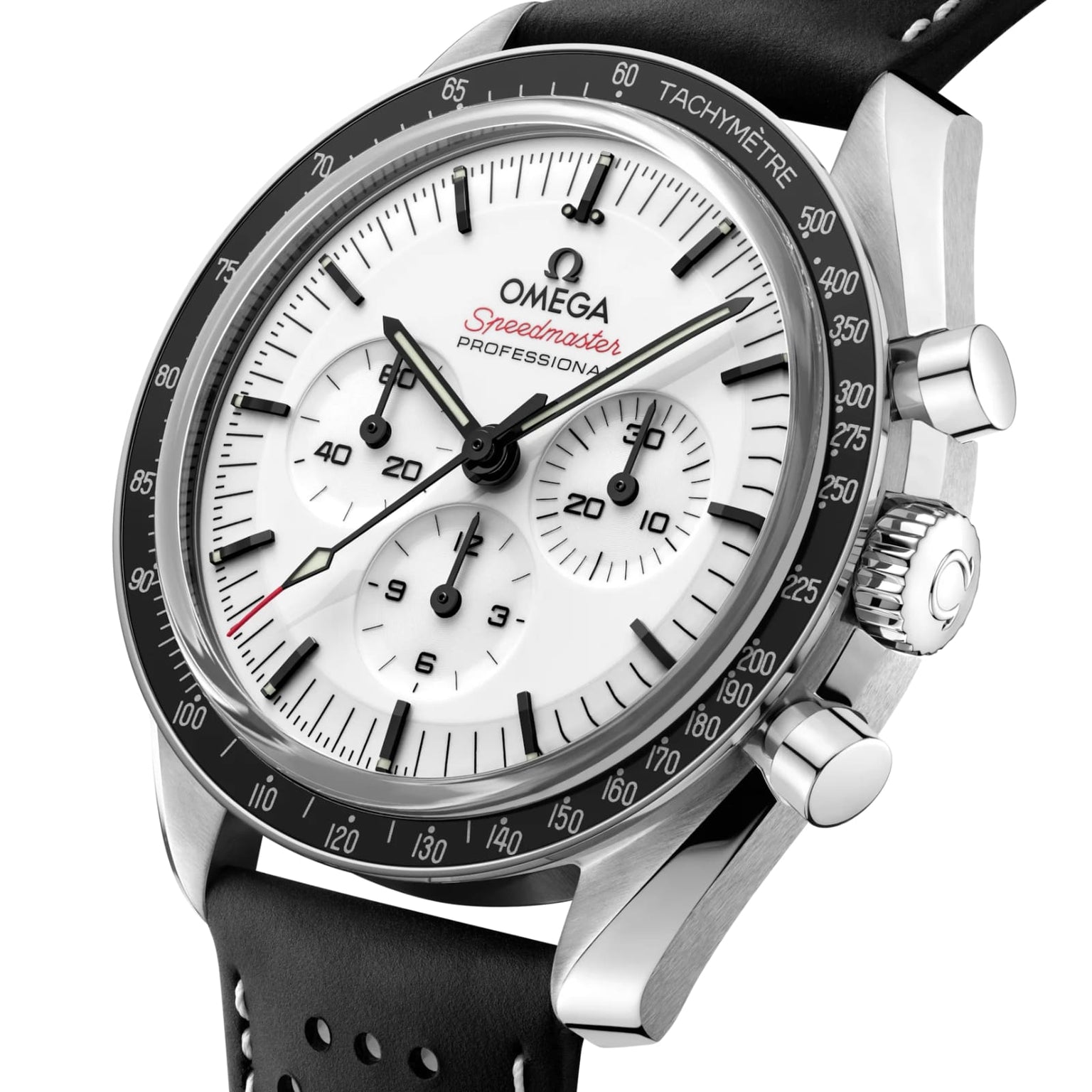 Close-up of an OMEGA Speedmaster Moonwatch Professional featuring a white dial, black tachymeter bezel, chronograph subdials, and a black perforated leather strap.