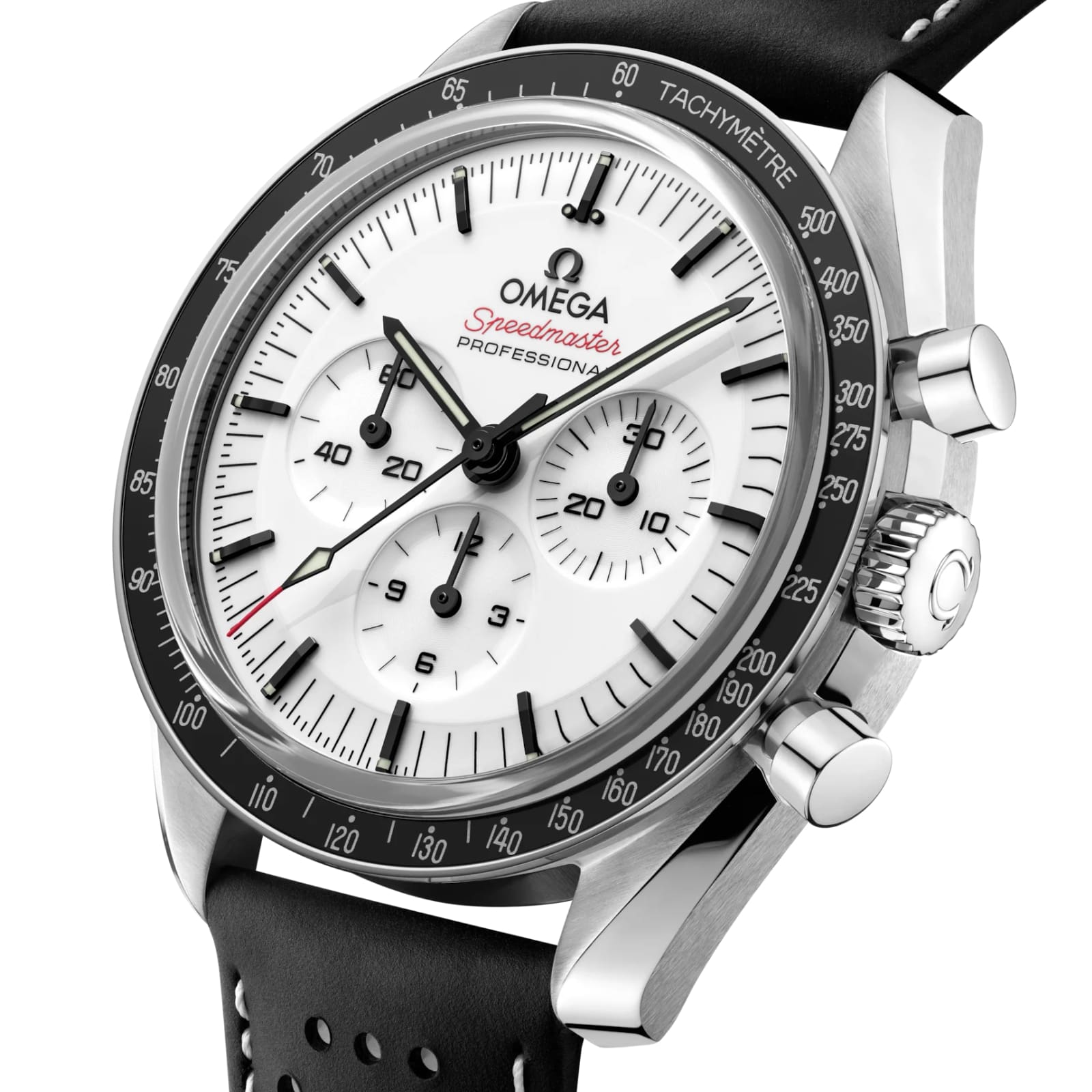 Close-up of an OMEGA Speedmaster Moonwatch Professional featuring a white dial, black tachymeter bezel, chronograph subdials, and a black perforated leather strap.