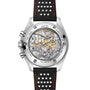 The back of the OMEGA Speedmaster Moonwatch Professional showcases its Co-Axial Master Chronometer movement, engraved with “Master Chronometer” and “The First Watch Worn on the Moon,” and features a perforated black strap.