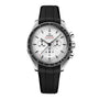 An OMEGA Speedmaster Moonwatch Professional with a silver case, white dial, black tachymeter bezel, three chronograph subdials, and black rubber strap is shown on a white background.