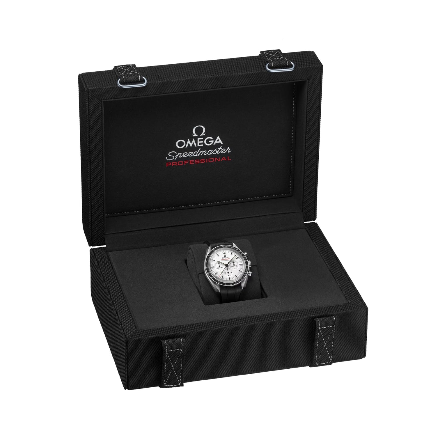 An OMEGA Speedmaster Moonwatch Professional chronograph wristwatch is presented in a black box featuring the OMEGA logo and branding inside the lid.