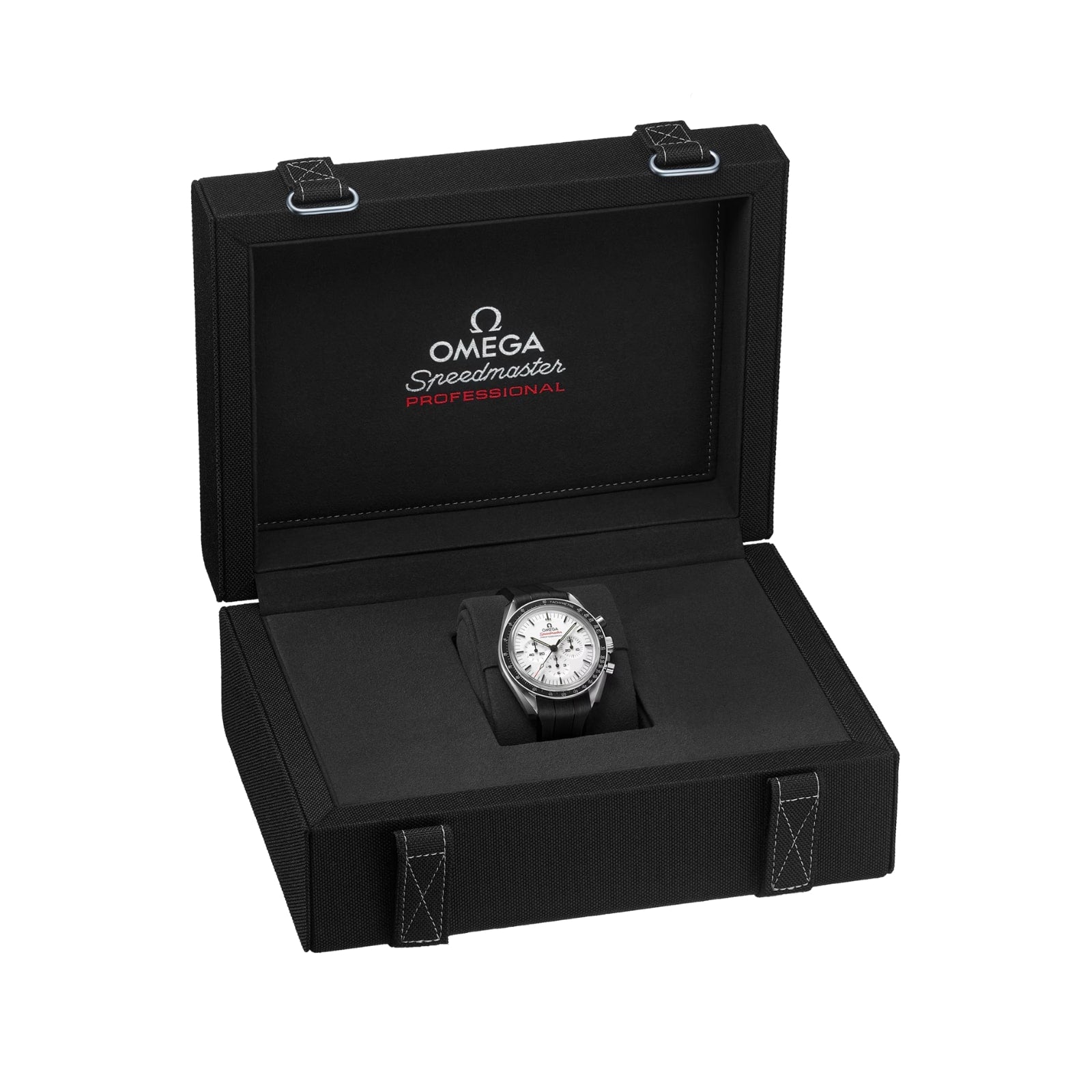 An OMEGA Speedmaster Moonwatch Professional chronograph wristwatch is presented in a black box featuring the OMEGA logo and branding inside the lid.