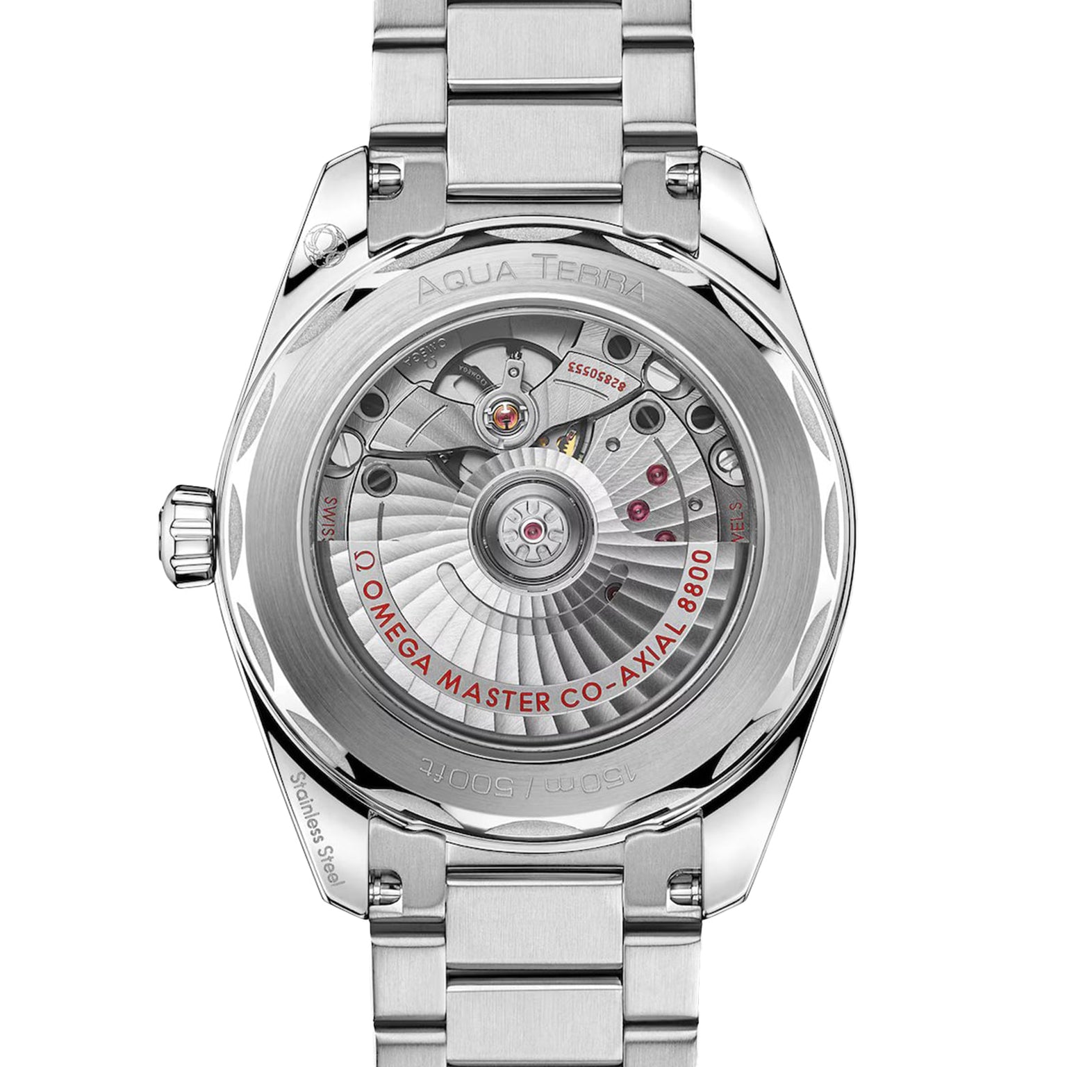 Close-up of the OMEGA Seamaster Aqua Terra 150M’s transparent case back, revealing the Co-Axial Master Chronometer 8800 movement and engraved details.