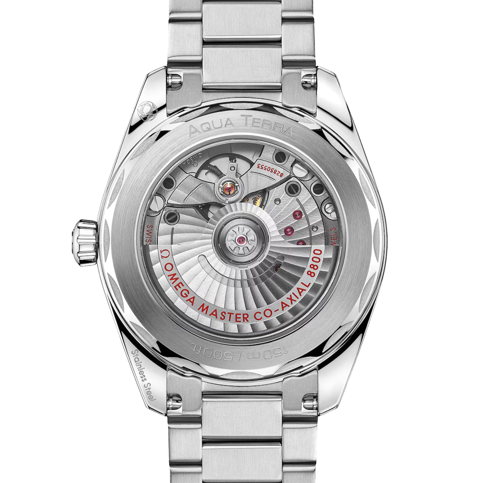 Close-up of the OMEGA Seamaster Aqua Terra 150M’s transparent case back, revealing the Co-Axial Master Chronometer 8800 movement and engraved details.