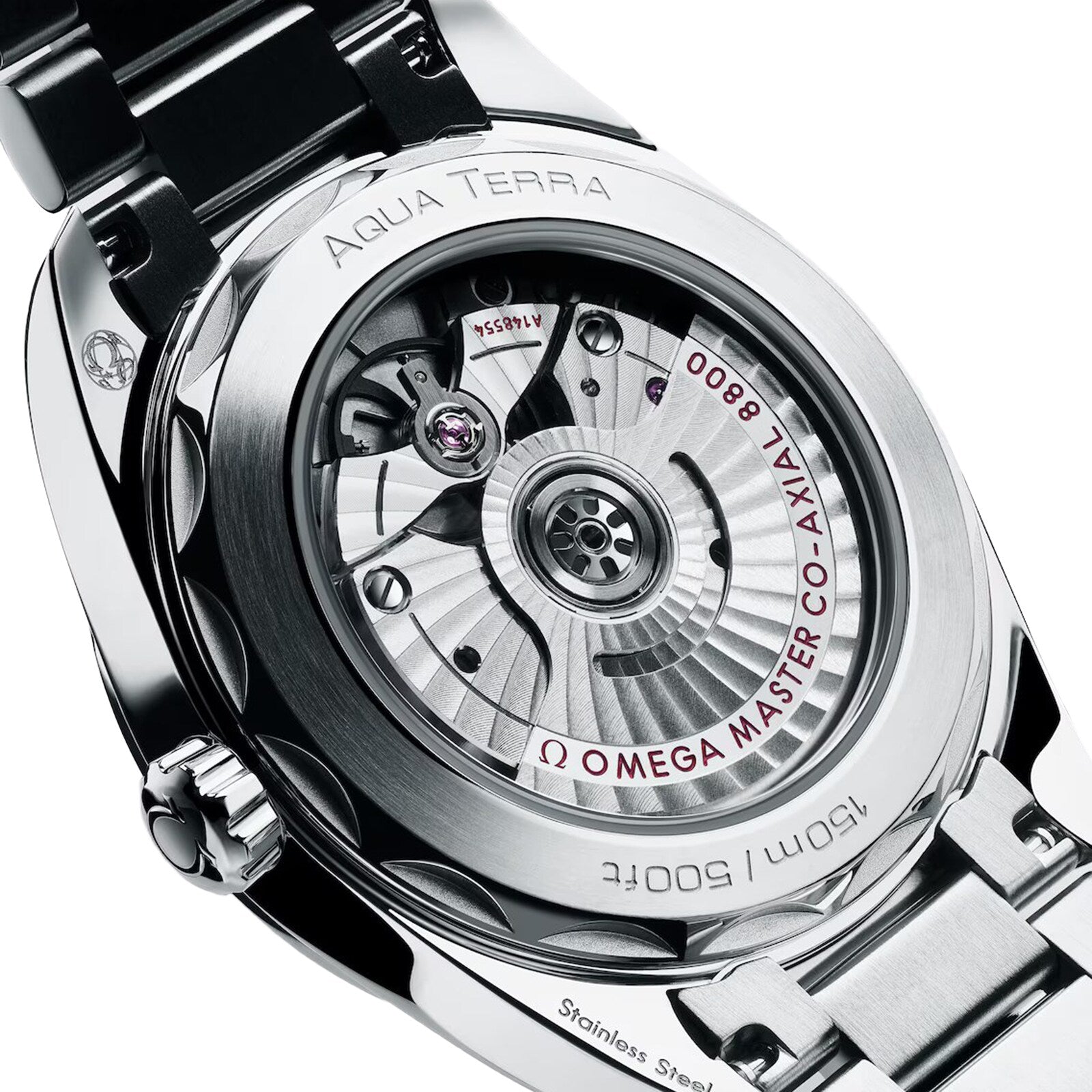 Close-up of the OMEGA Seamaster Aqua Terra 150M, showcasing its exposed Co-Axial Master Chronometer movement through a transparent case back.