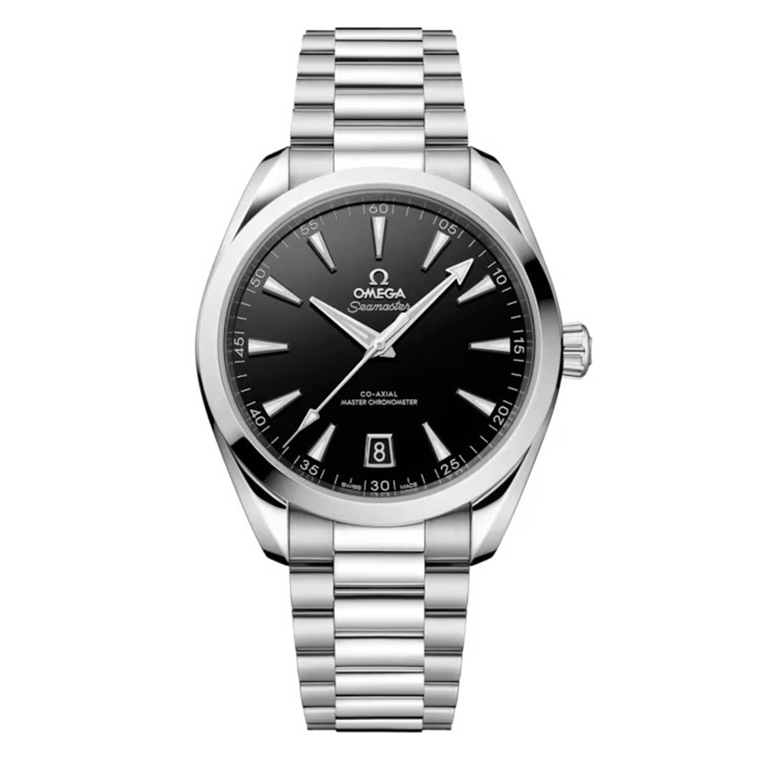 An OMEGA Seamaster Aqua Terra 150M wristwatch in stainless steel with a black dial, silver markers and hands, date at 6 o’clock, metal link bracelet, and Co-Axial Master Chronometer precision.