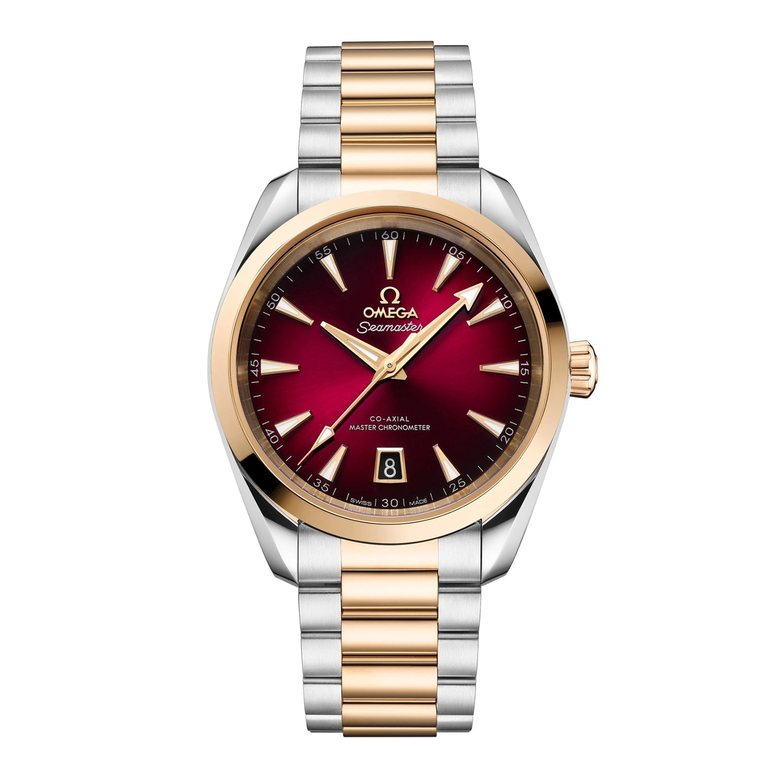 OMEGA Seamaster Aqua Terra 150M with a burgundy dial, gold bezel, two-tone silver and gold bracelet, and date window at 6 oclock.
